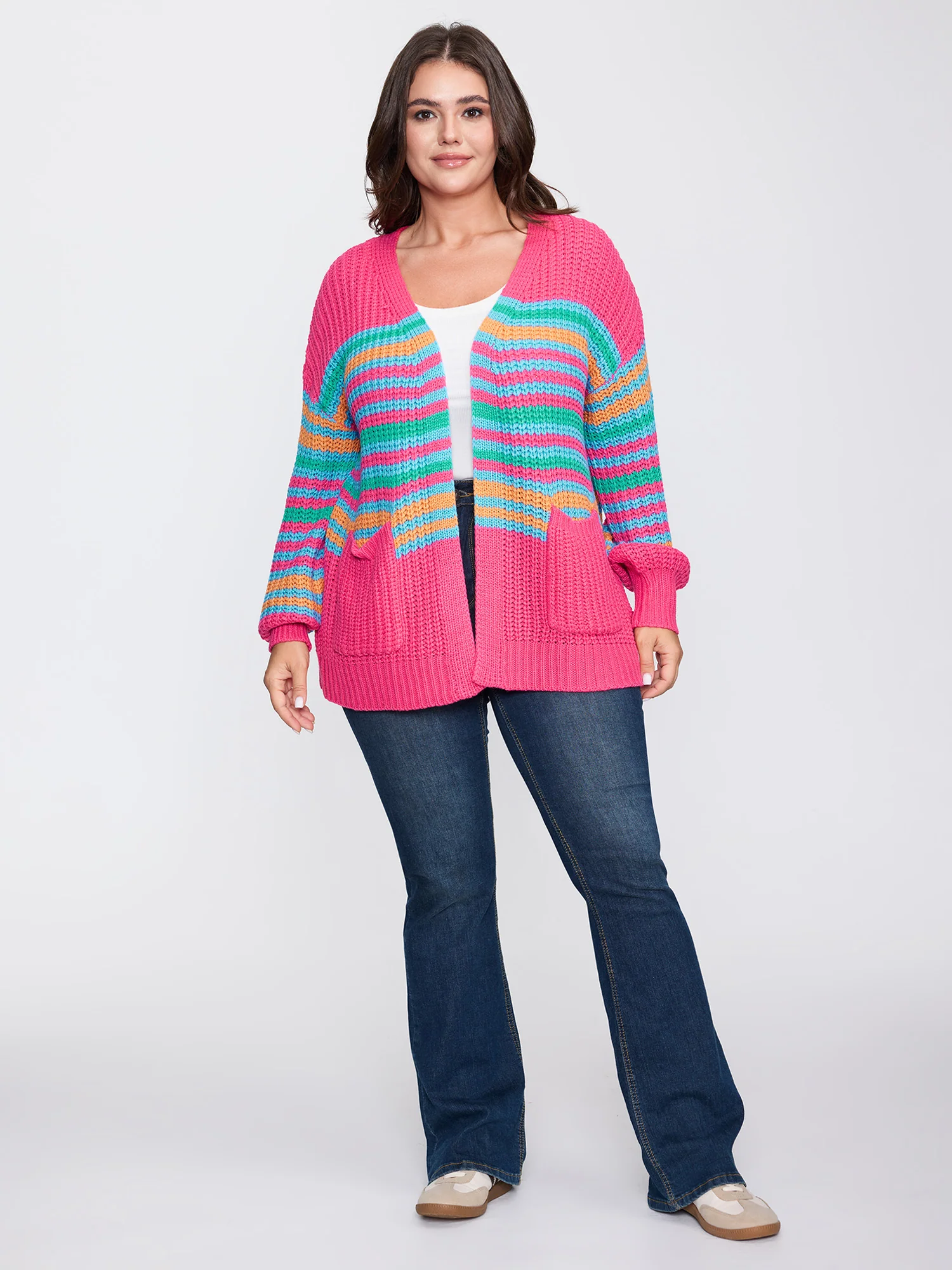 Colorful Stripe Pockets Knit Cardigan - Image 3