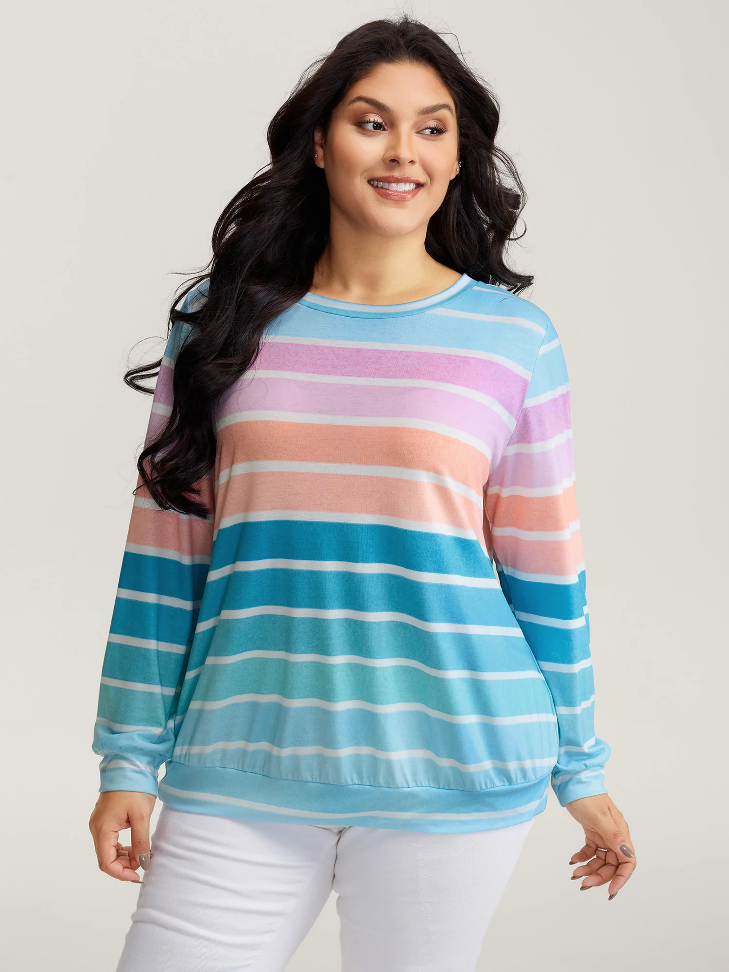 Colorful Stripe Relaxed-Fit Stretchy Hem T-Shirt - Image 2