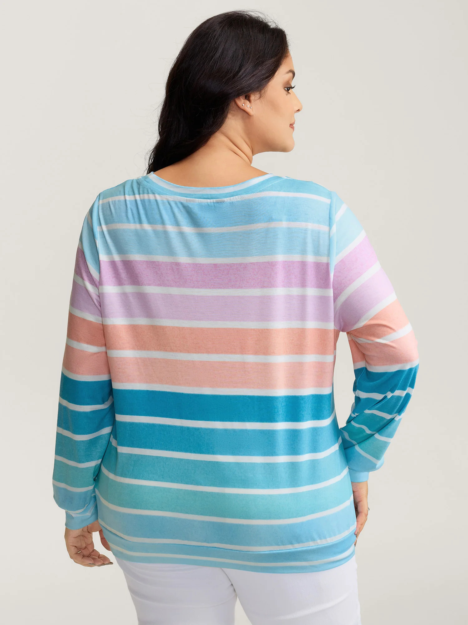 Colorful Stripe Relaxed-Fit Stretchy Hem T-Shirt - Image 4