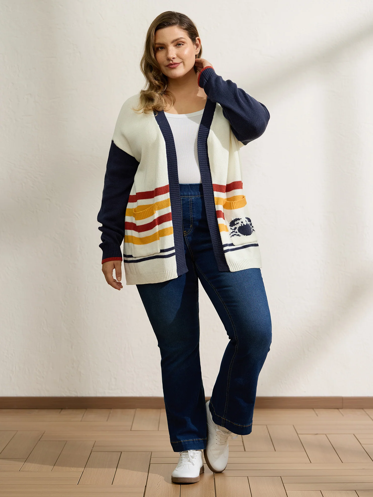 Colorful Stripe Seahorse Motif Jacquard Knit Cardigan - Image 3