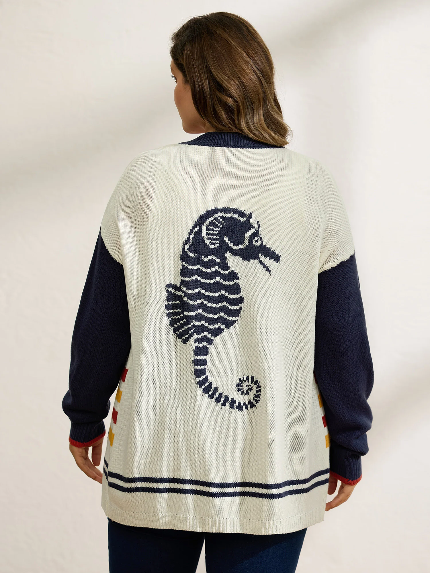 Colorful Stripe Seahorse Motif Jacquard Knit Cardigan - Image 4