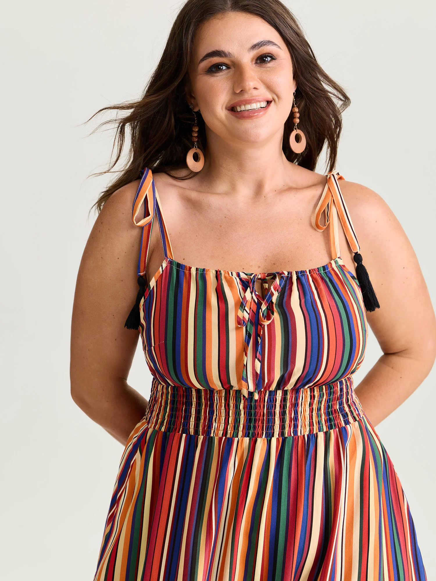 Colorful Stripe Shirred Waist Shoulder Tie Maxi Dress - Image 2