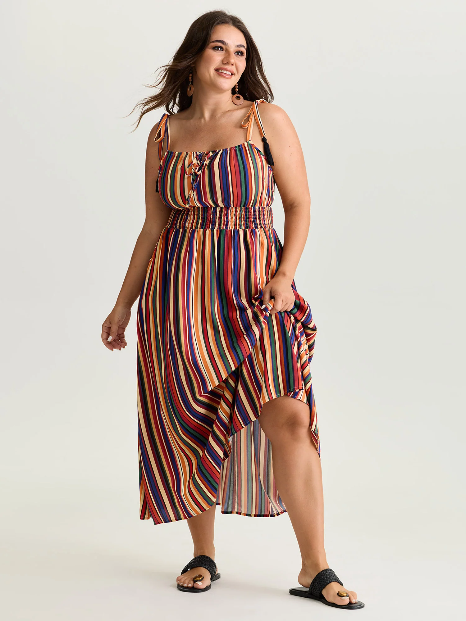 Colorful Stripe Shirred Waist Shoulder Tie Maxi Dress - Image 3