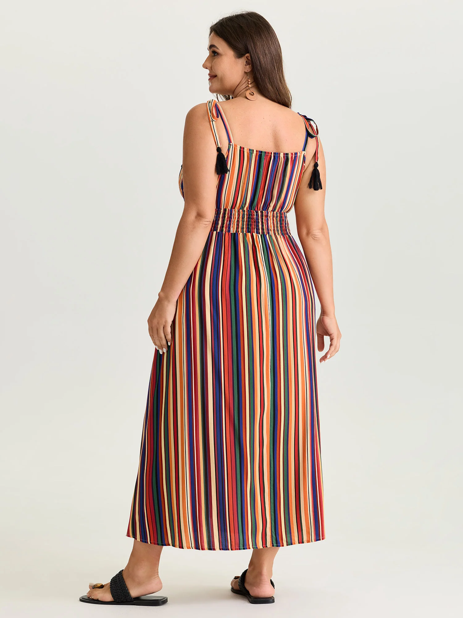 Colorful Stripe Shirred Waist Shoulder Tie Maxi Dress - Image 4