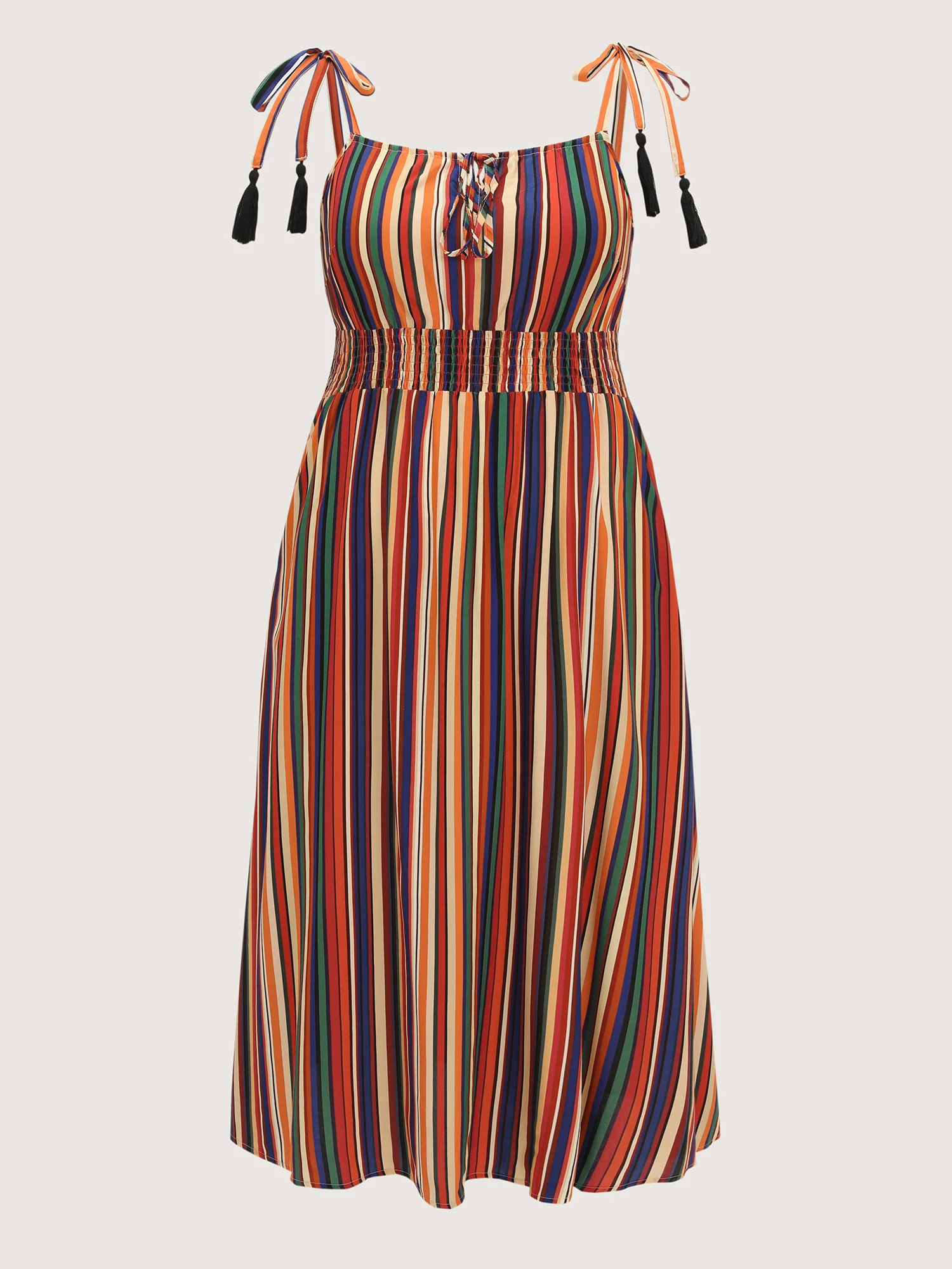 Colorful Stripe Shirred Waist Shoulder Tie Maxi Dress - Image 7