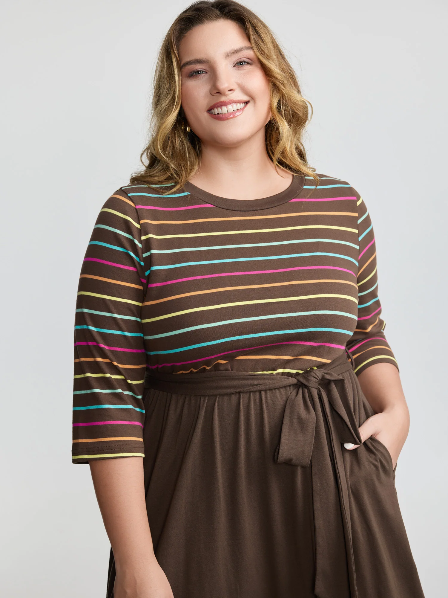 Colorful Stripe Stretchy Waist Midi Dress - Image 2