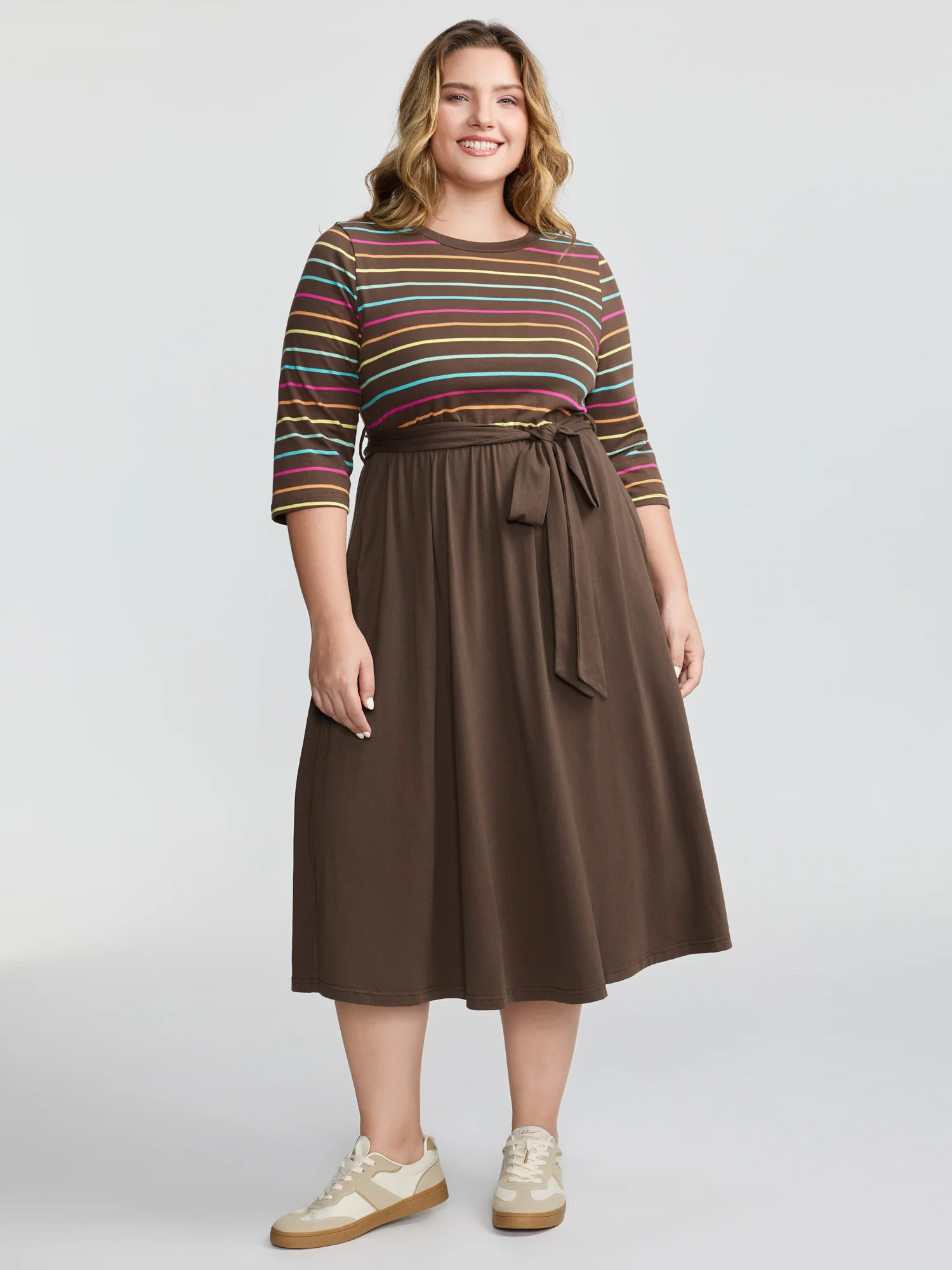 Colorful Stripe Stretchy Waist Midi Dress - Image 3