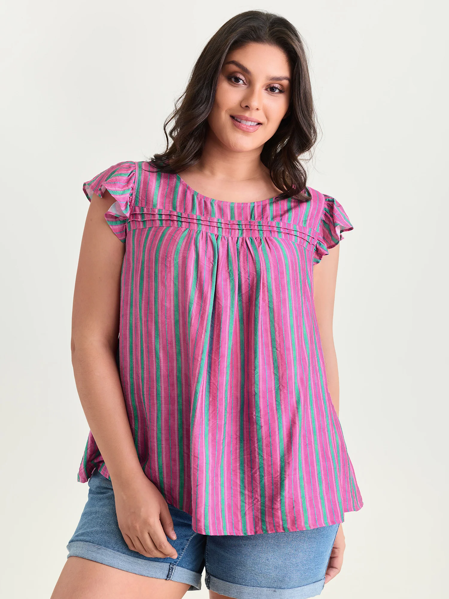 Colorful Striped Print Flutter Sleeve Blouse - Image 2
