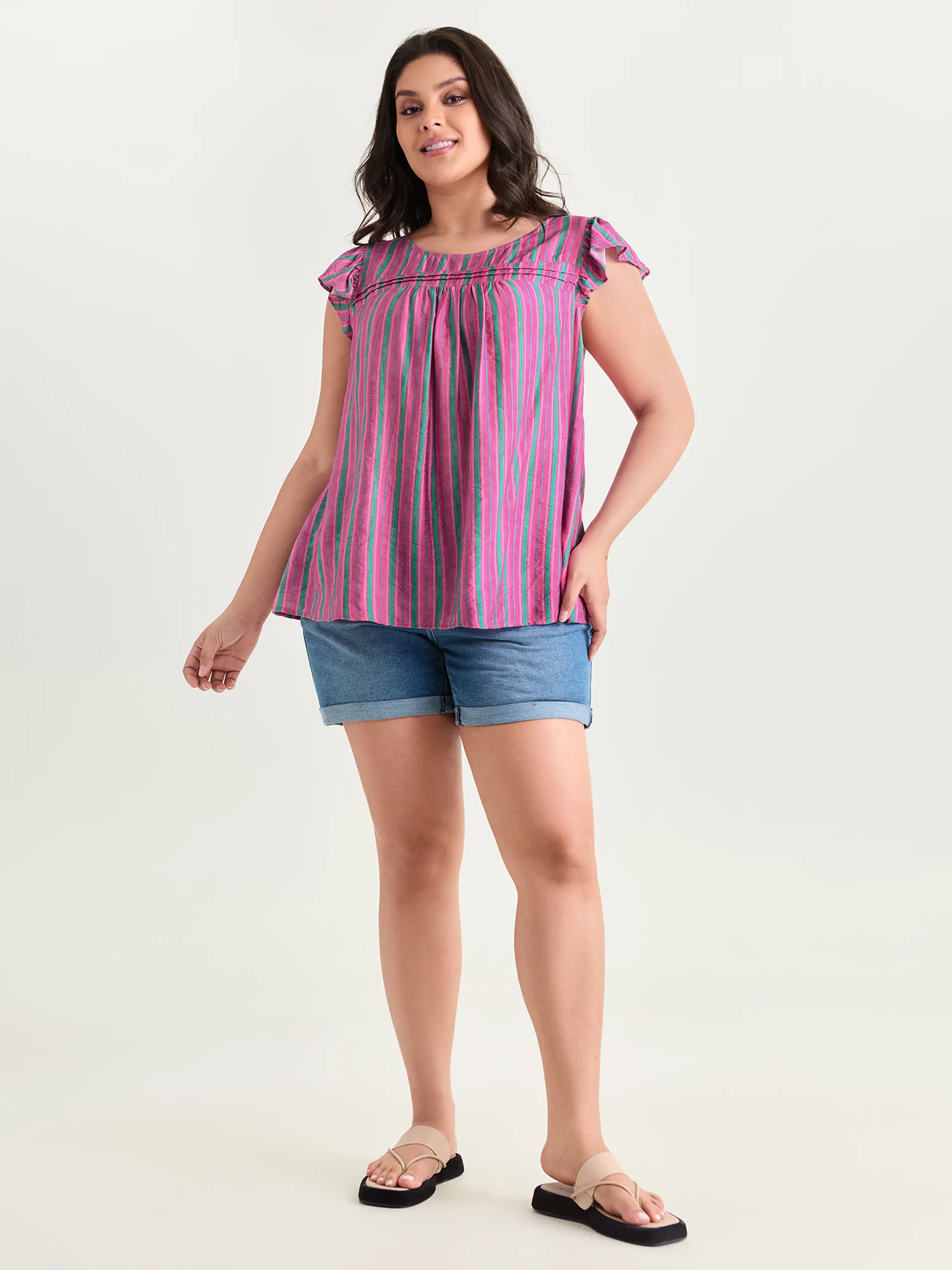 Colorful Striped Print Flutter Sleeve Blouse - Image 3