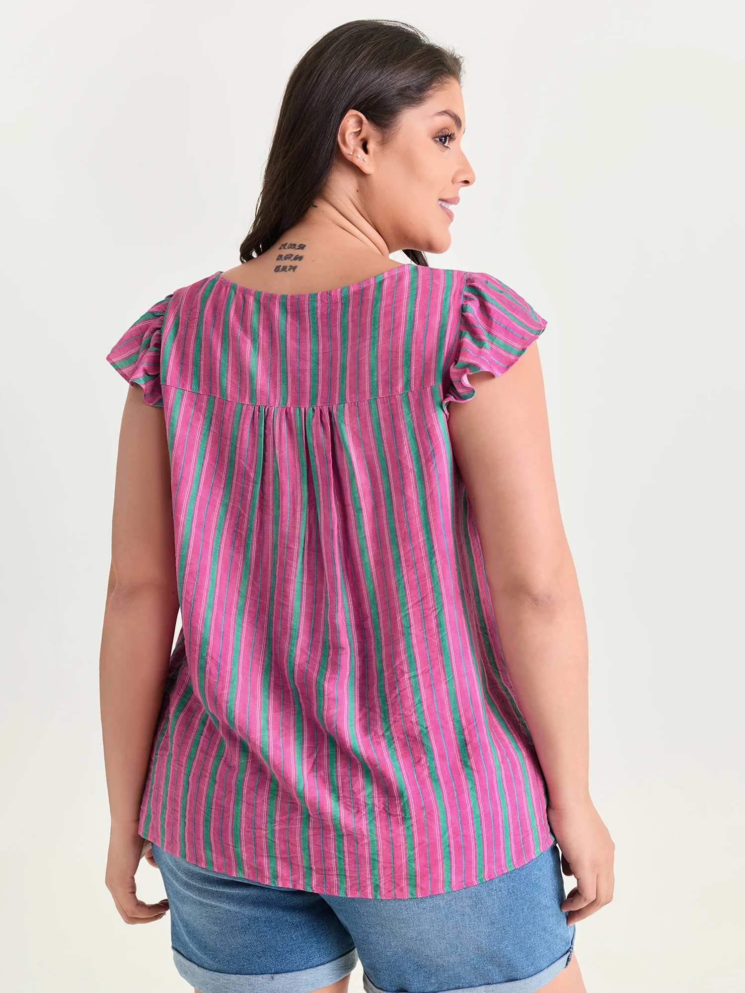 Colorful Striped Print Flutter Sleeve Blouse - Image 4