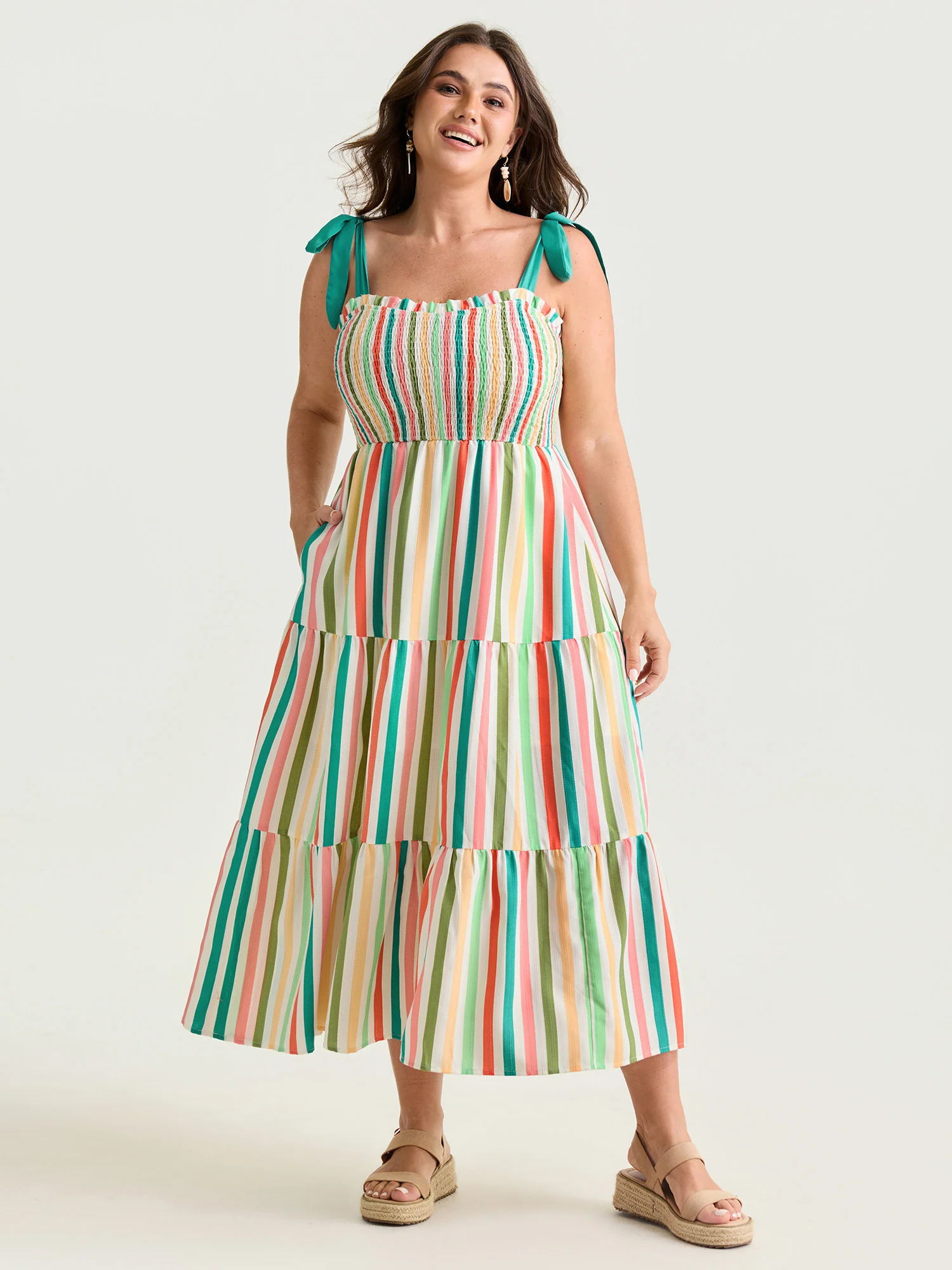 Colorful Striped Print Shoulder-Tie Maxi Dress - Image 3