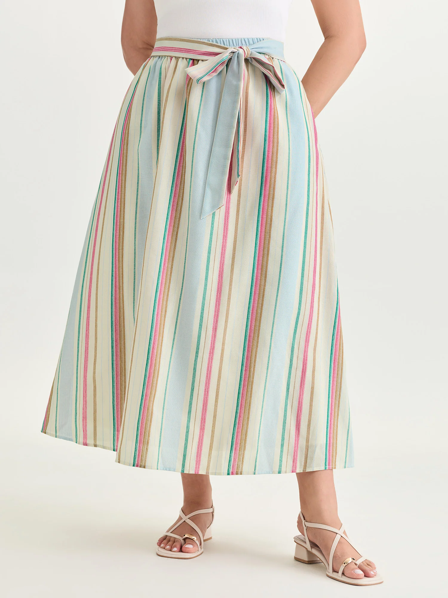 Cotton Striped Print Waist-Tie Maxi Skirt - Image 2