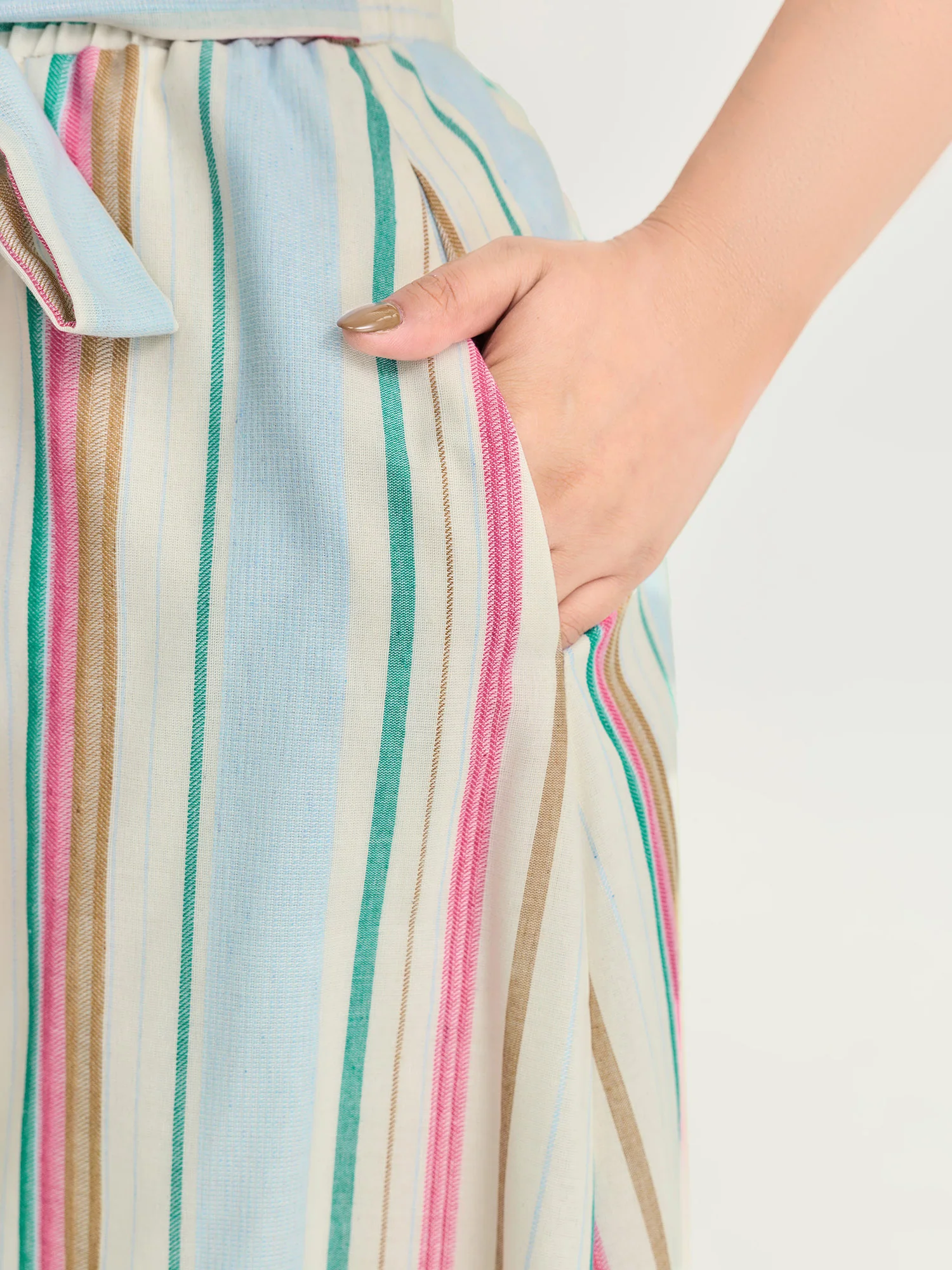 Cotton Striped Print Waist-Tie Maxi Skirt - Image 5