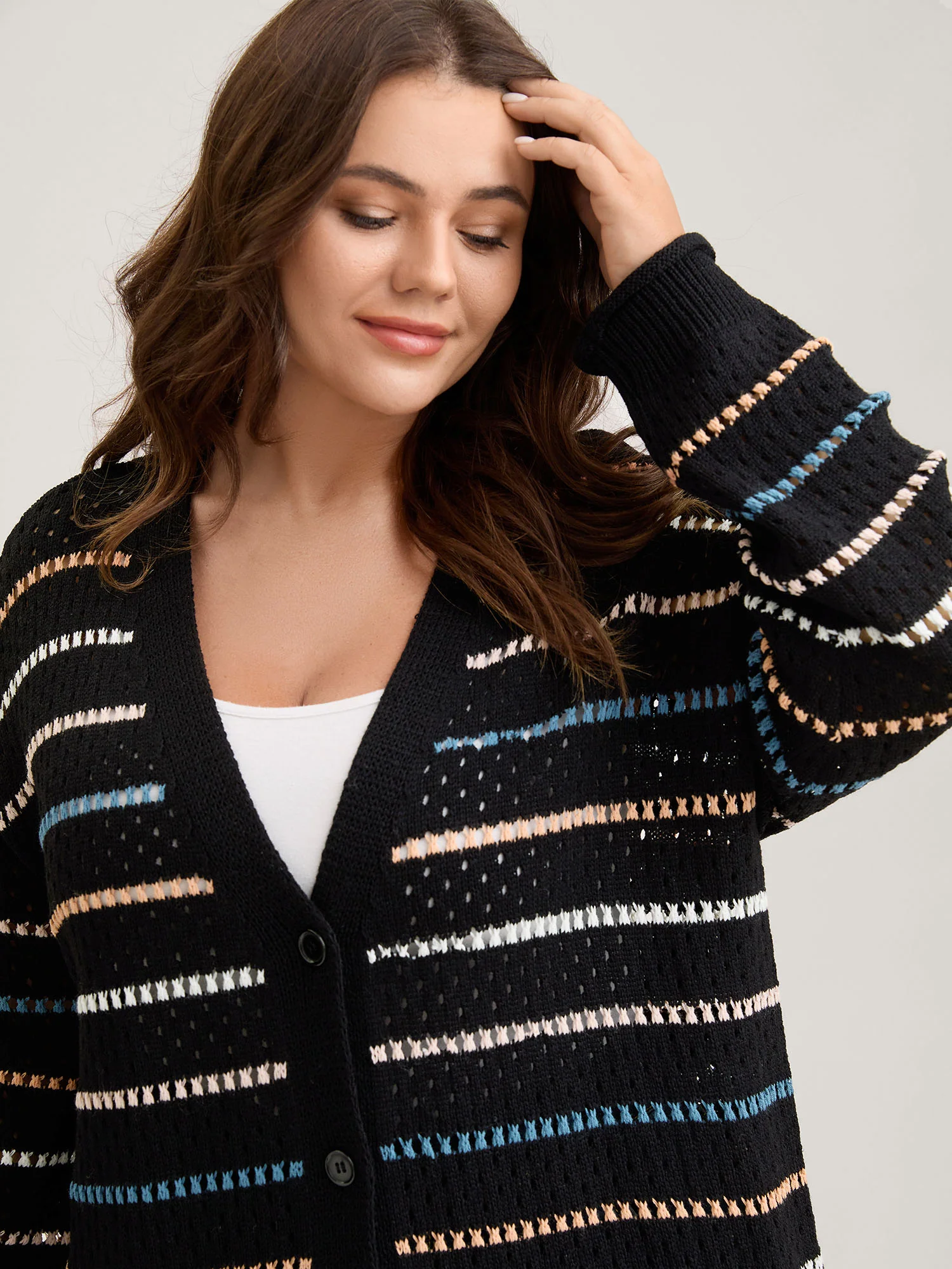 Colorful Stripes Button Detail Knit Cardigan - Image 3