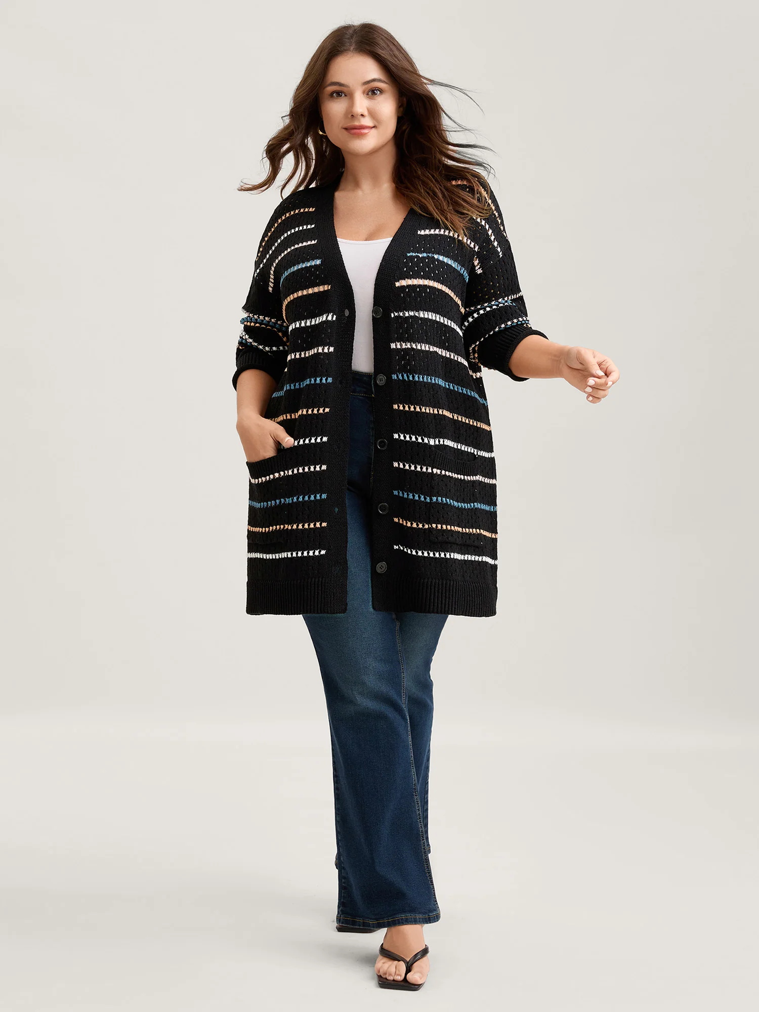 Colorful Stripes Button Detail Knit Cardigan - Image 4