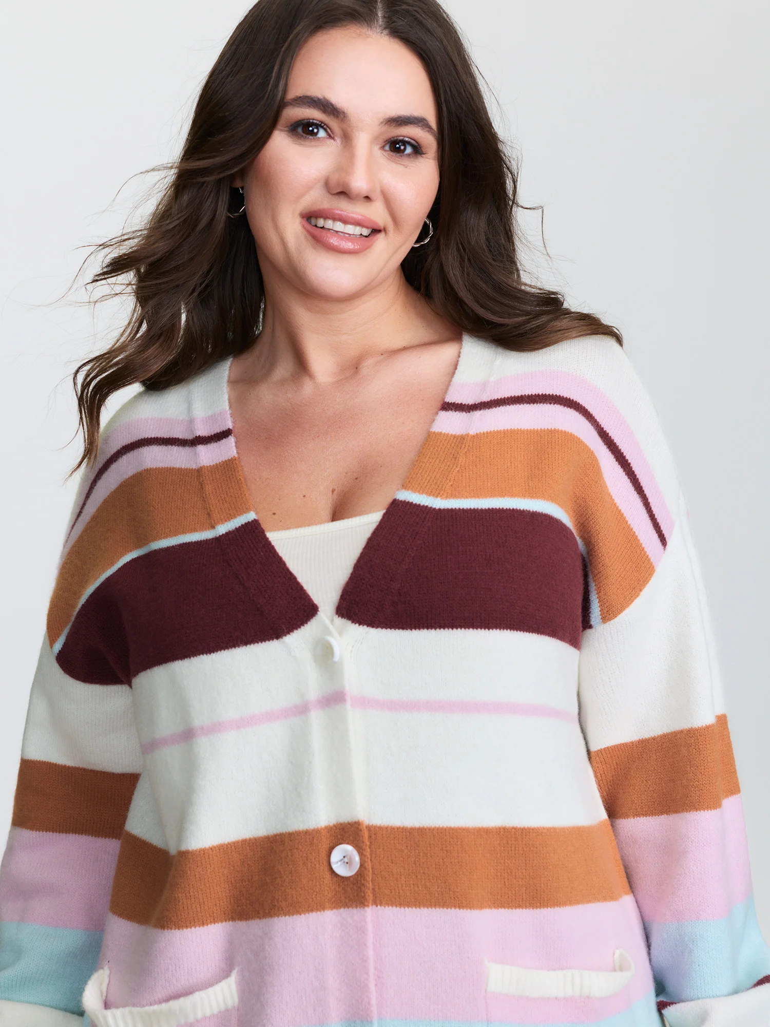 Colorful Stripes Button Knit Cardigan - Image 2