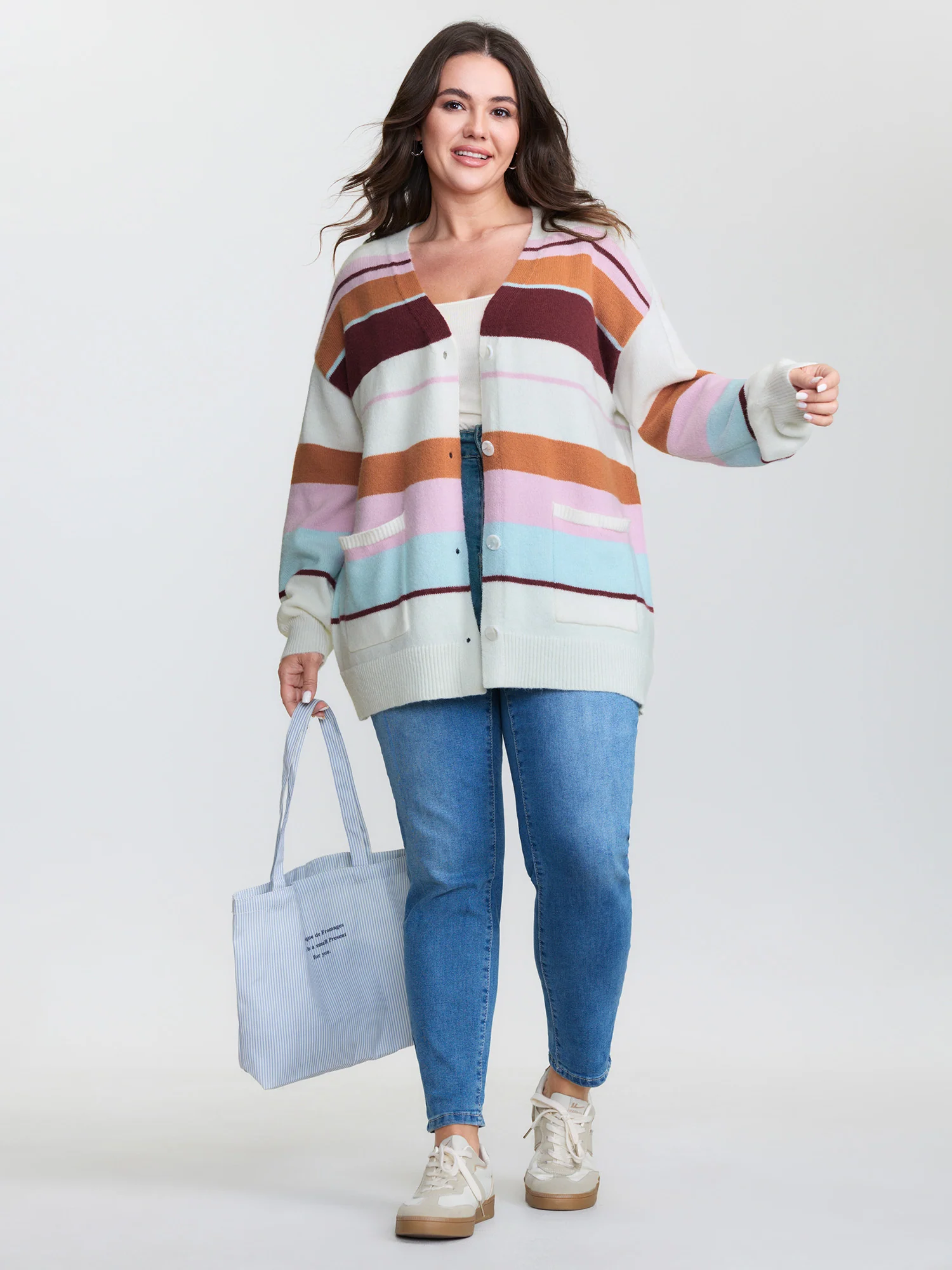 Colorful Stripes Button Knit Cardigan - Image 3