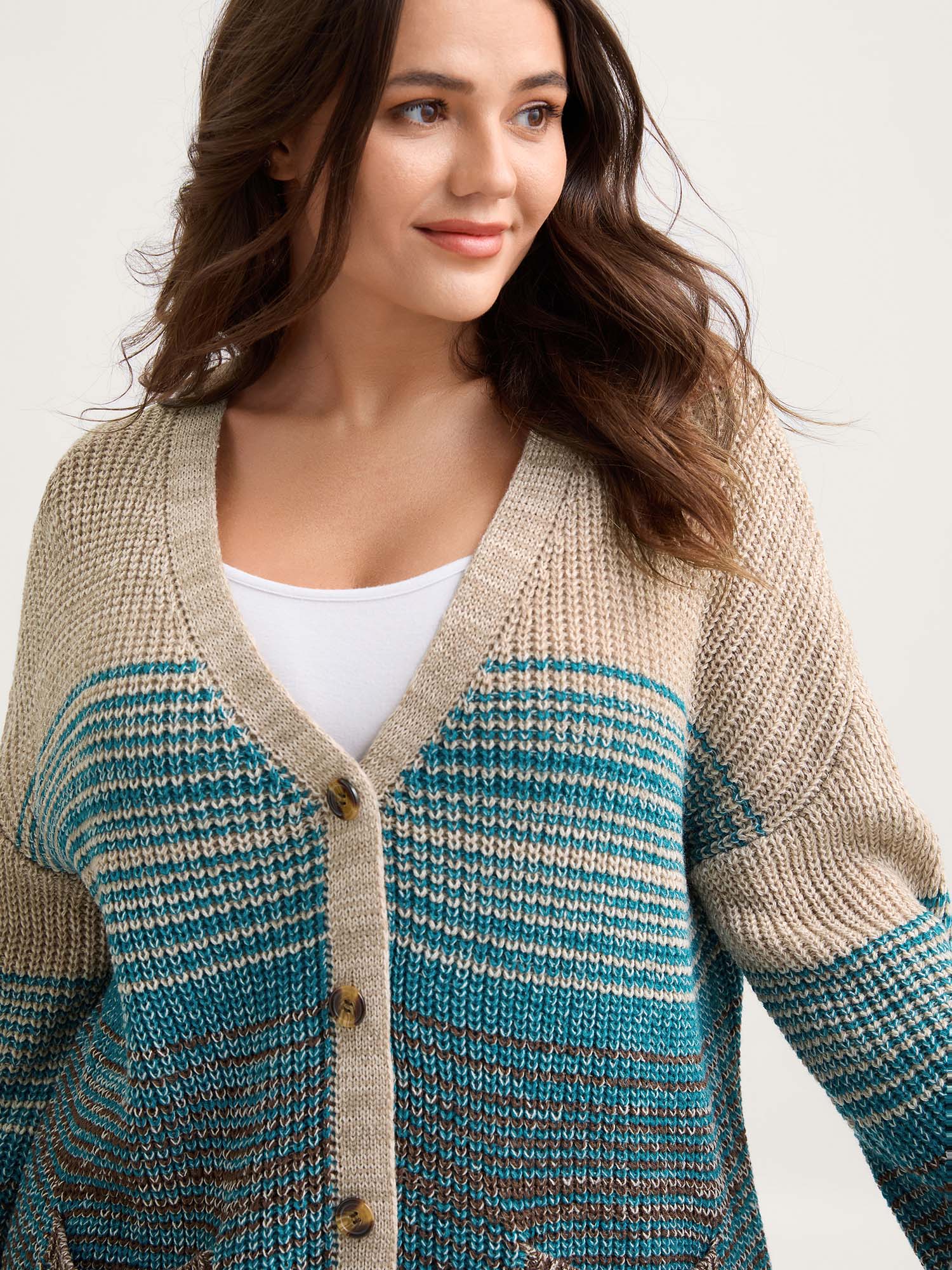 Colorful Stripes Button Pockets Knit Cardigan - Image 2
