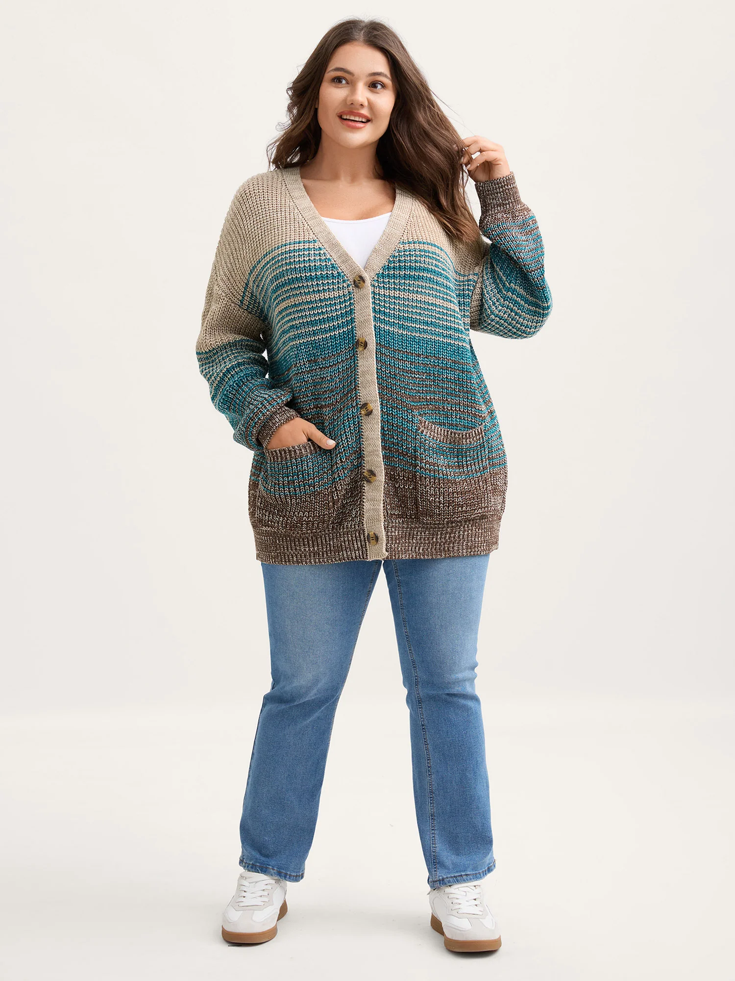Colorful Stripes Button Pockets Knit Cardigan - Image 3