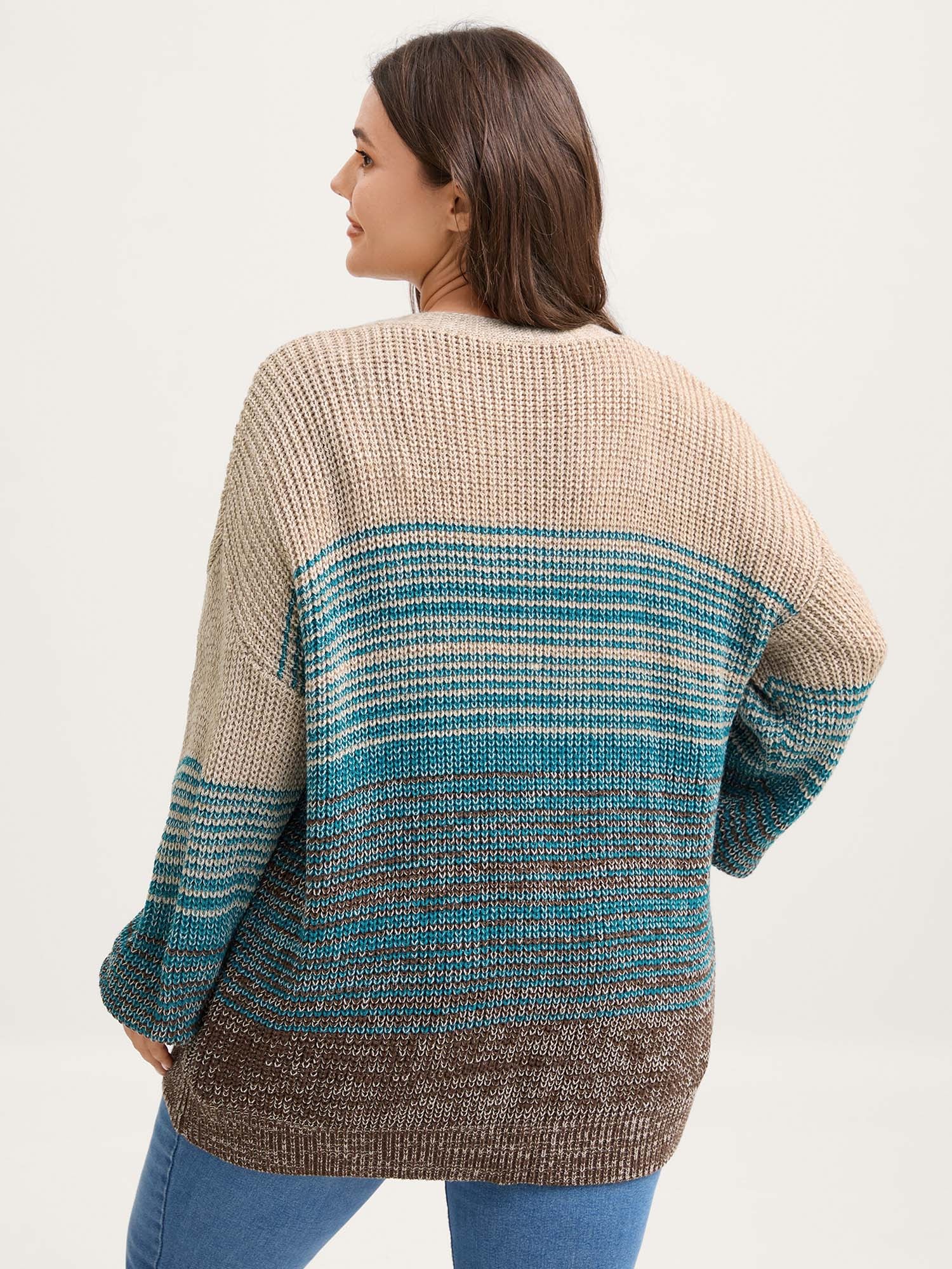 Colorful Stripes Button Pockets Knit Cardigan - Image 4
