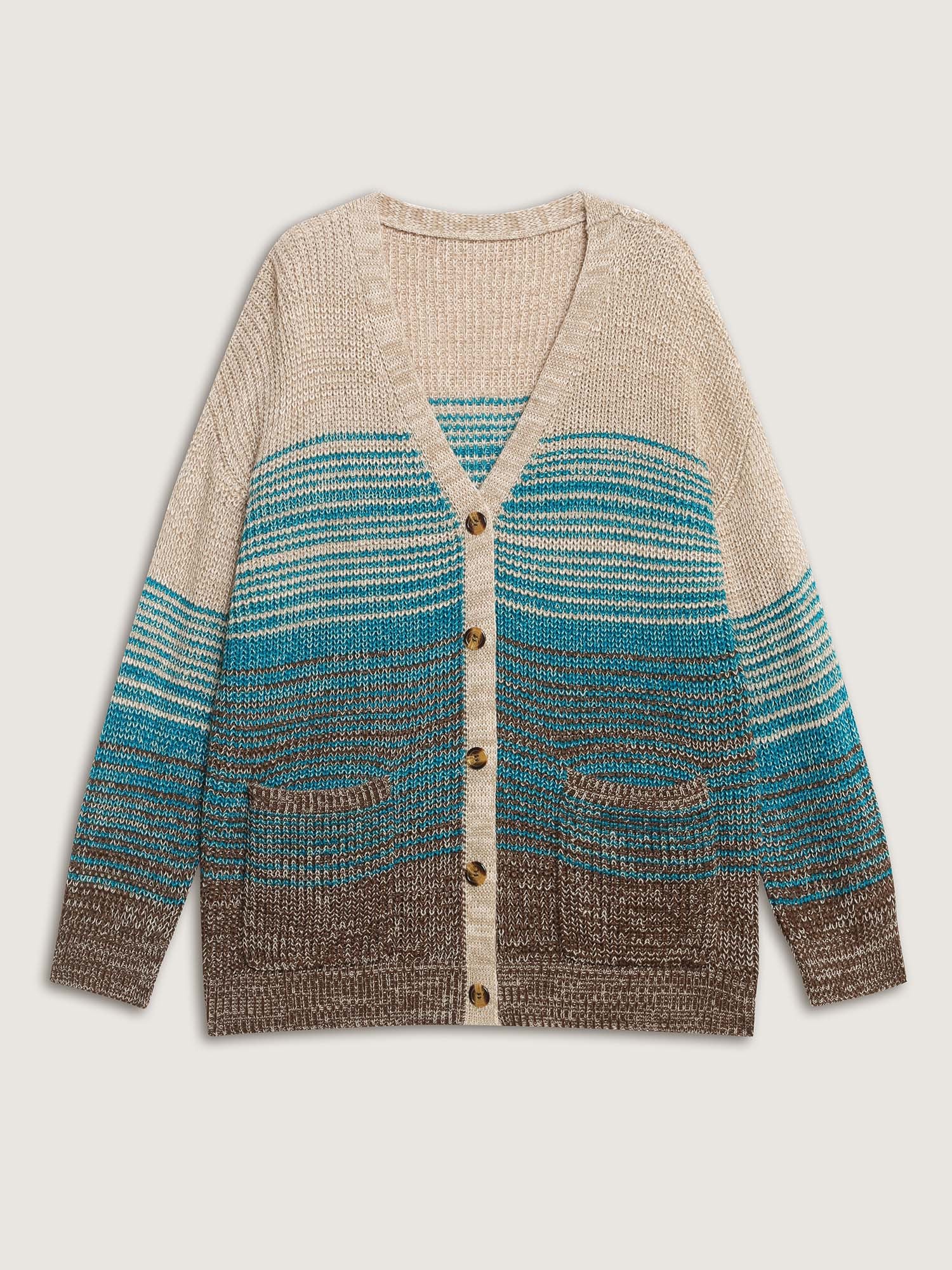Colorful Stripes Button Pockets Knit Cardigan - Image 7