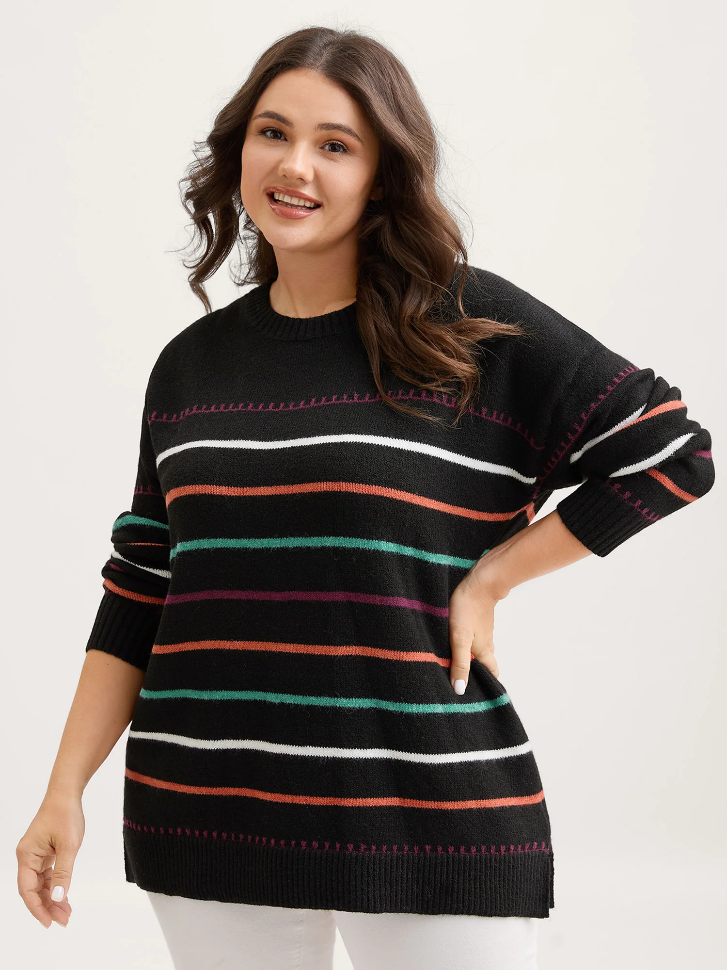 Colorful Stripes Crewneck Fitted Pullover - Image 2