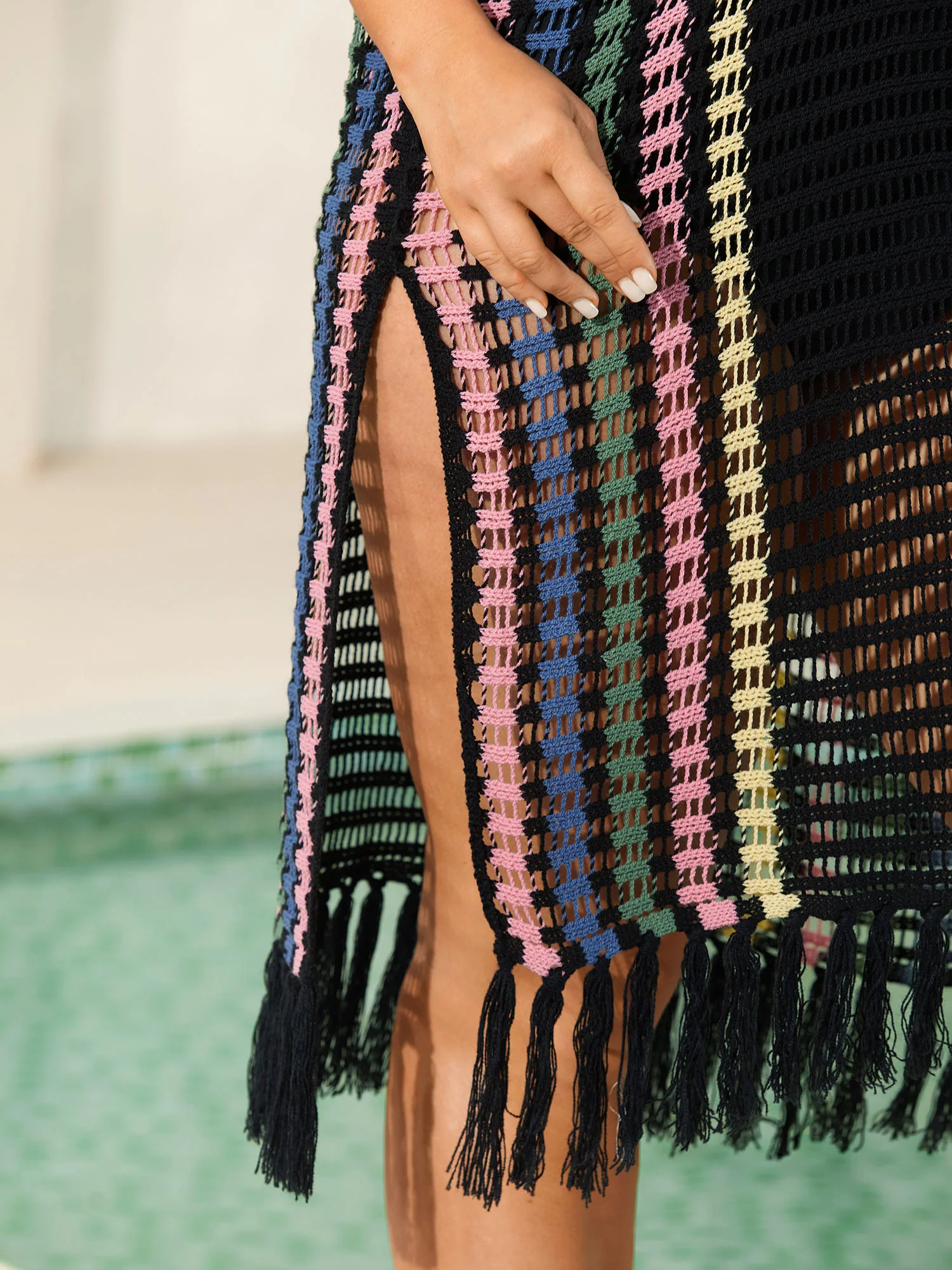 Colorful Stripes Cut-Out Tassel Swim Cover-Up - Image 4