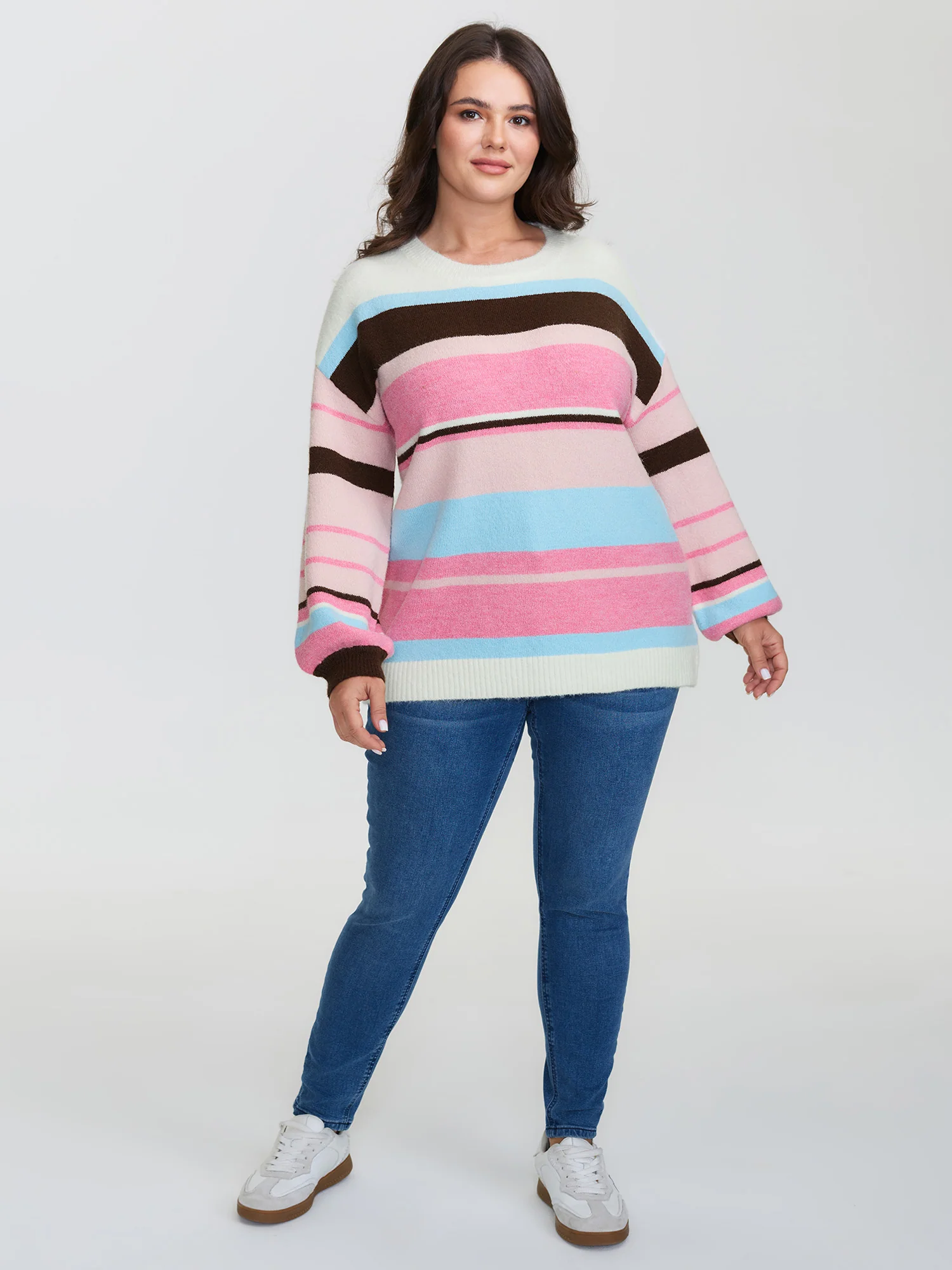 Colorful Stripes Drop Shoulder Lantern Sleeve Pullover - Image 3