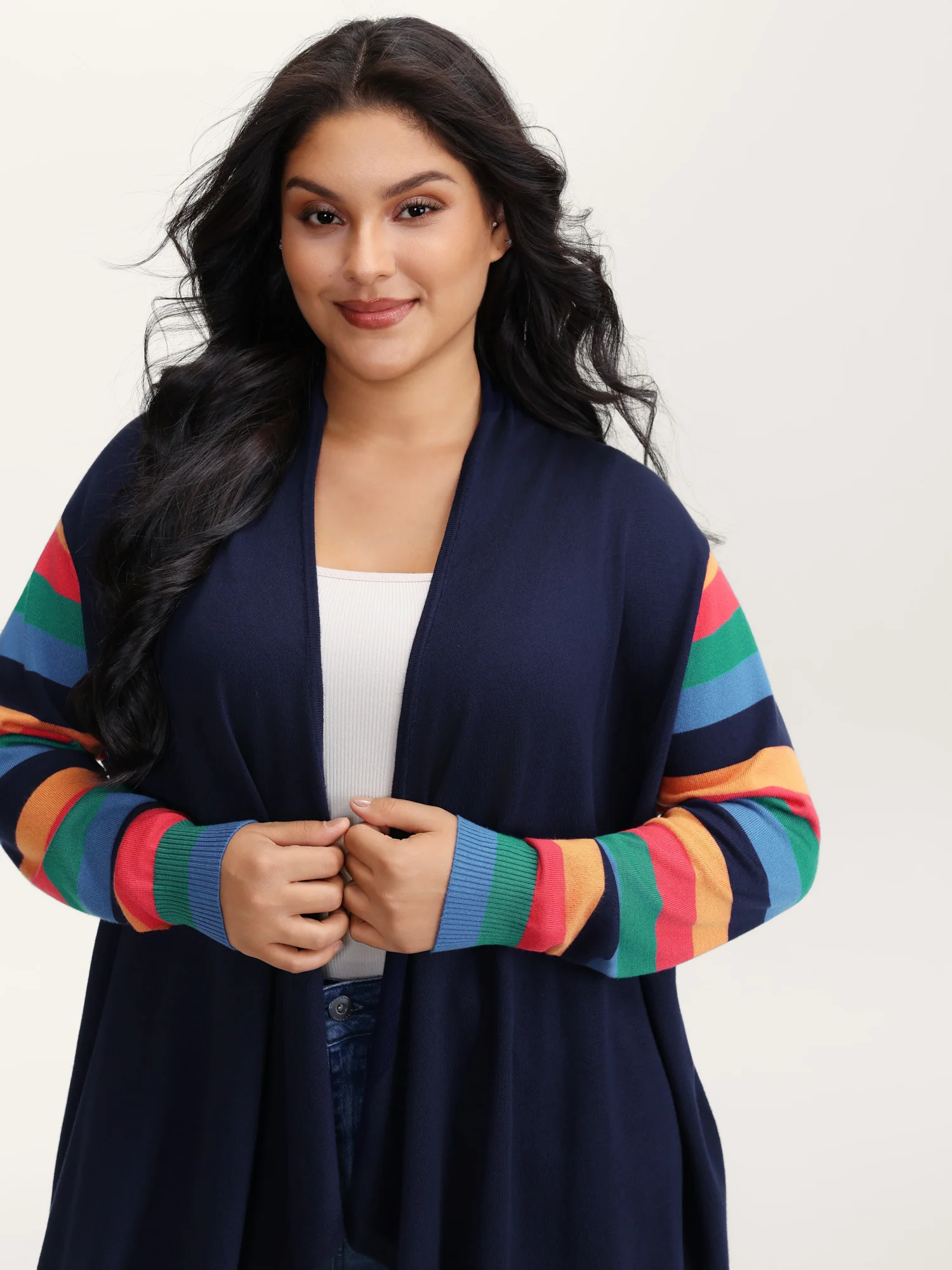 Colorful Stripes Irregular Hem Knit Cardigan - Image 2