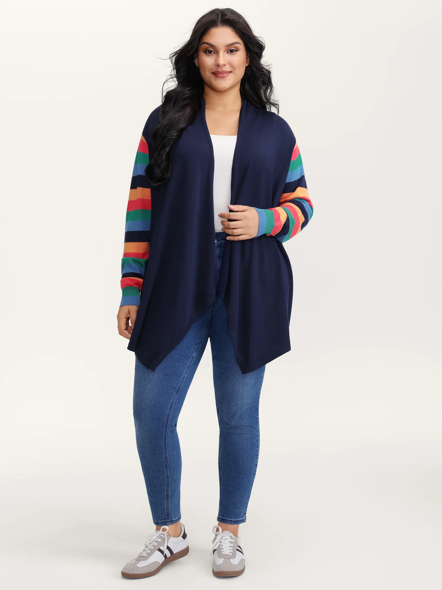 Colorful Stripes Irregular Hem Knit Cardigan - Image 3