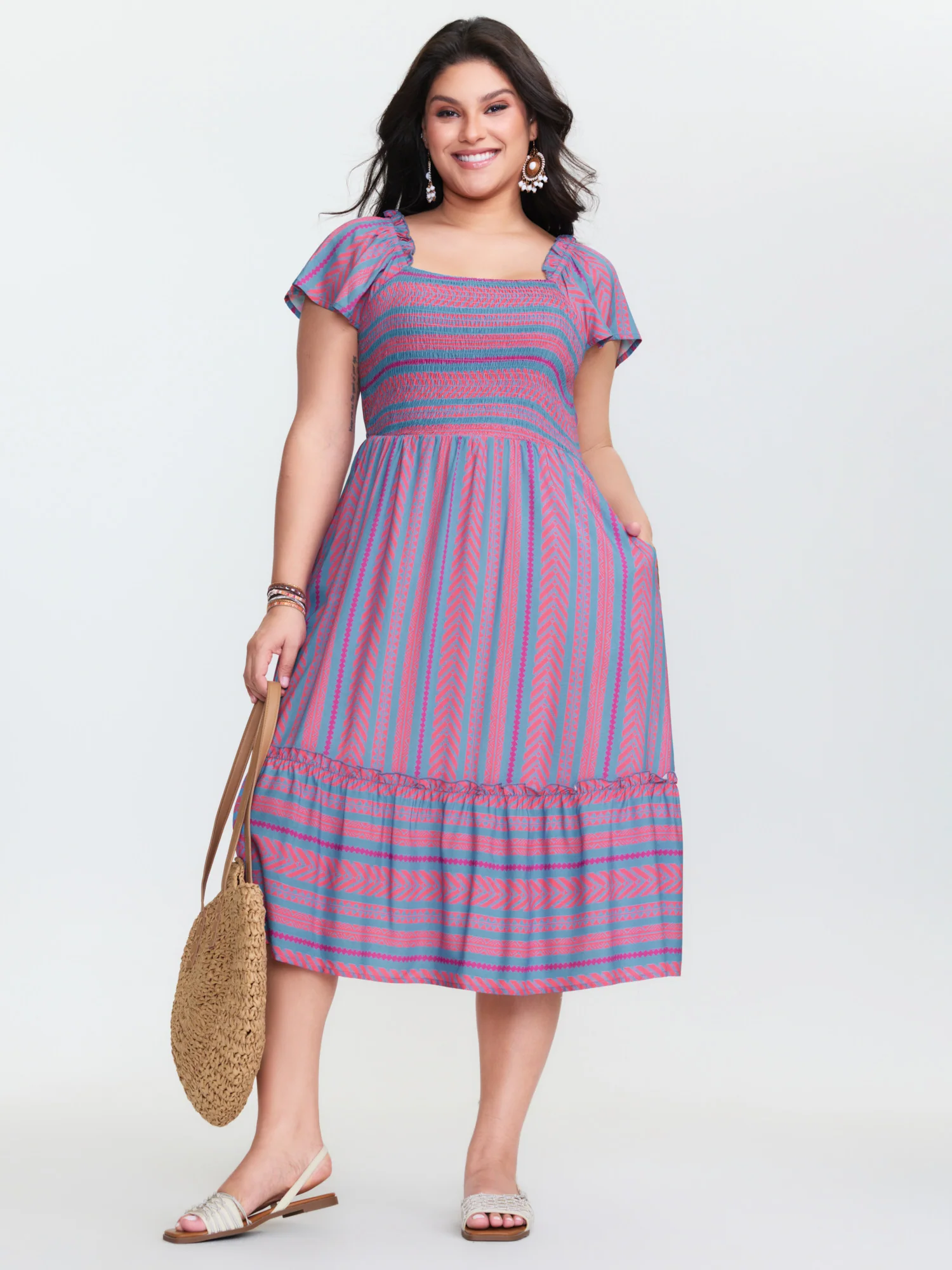 Colorful Stripes Shirred Bodice Ruffled Midi Dress - Image 2