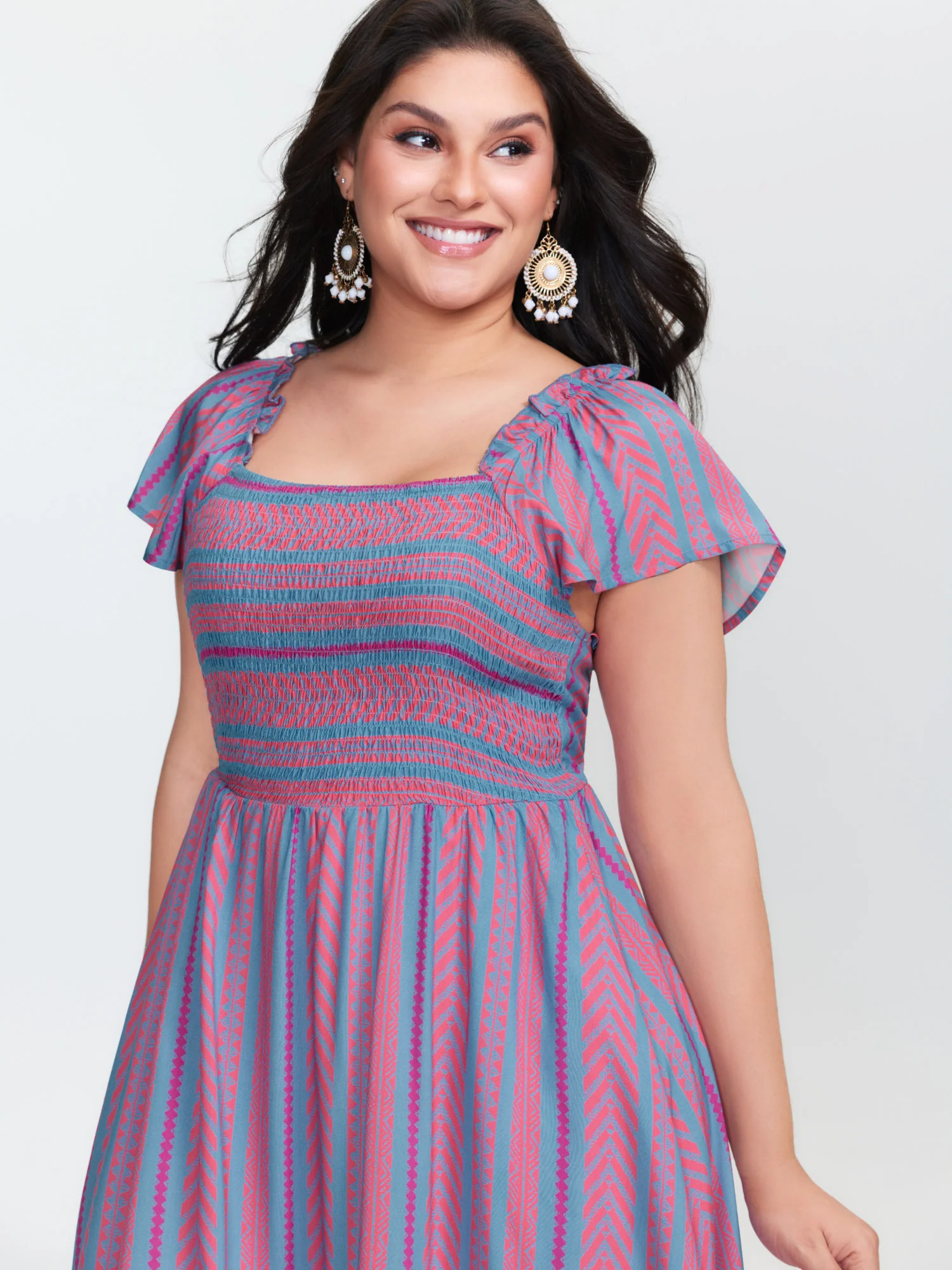 Colorful Stripes Shirred Bodice Ruffled Midi Dress - Image 3
