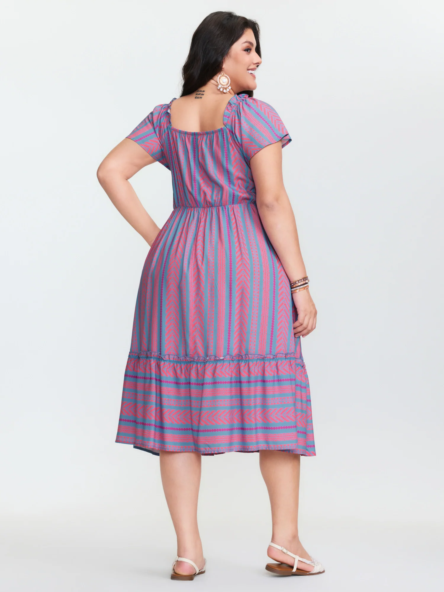 Colorful Stripes Shirred Bodice Ruffled Midi Dress - Image 4