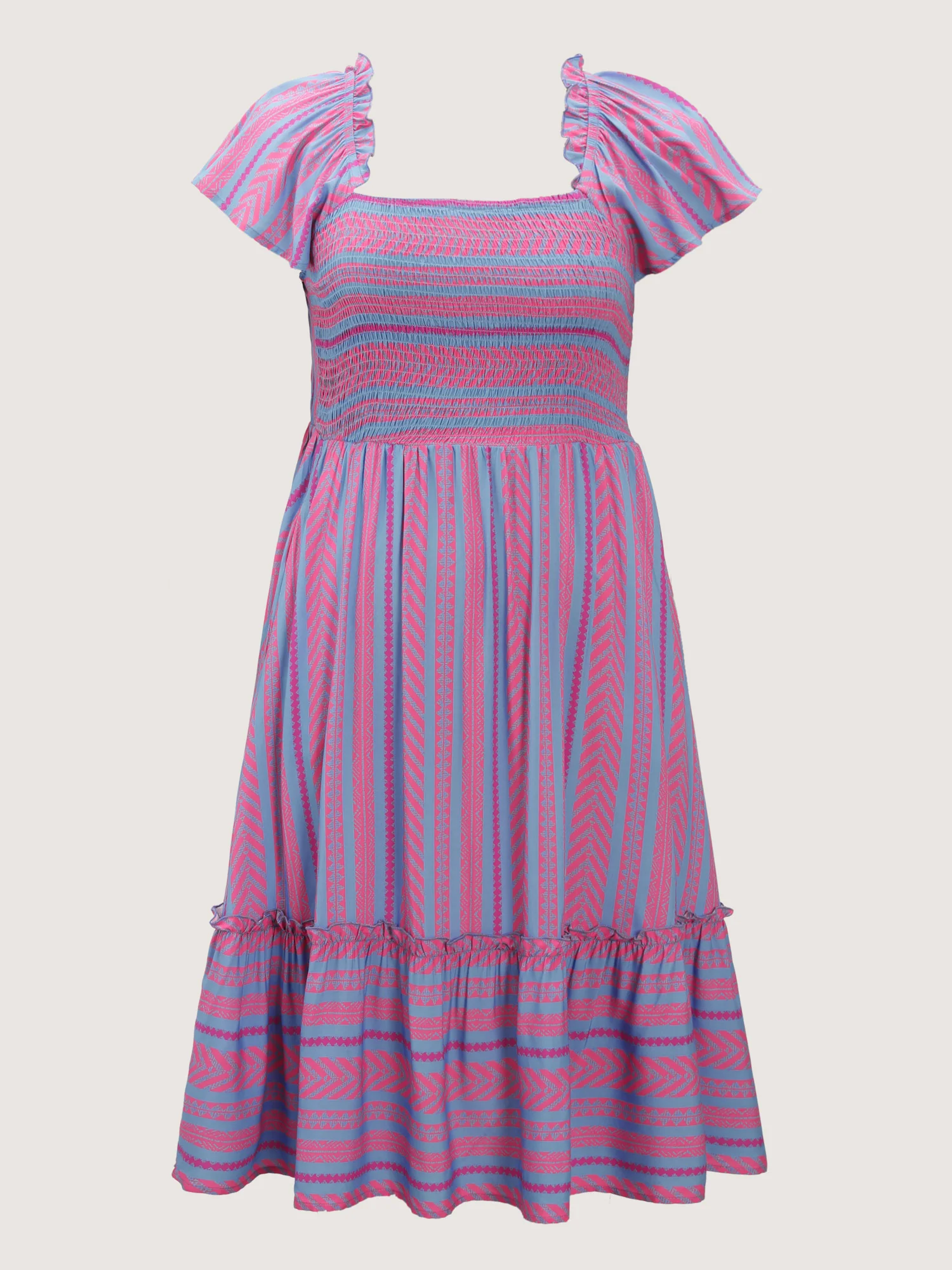 Colorful Stripes Shirred Bodice Ruffled Midi Dress - Image 7