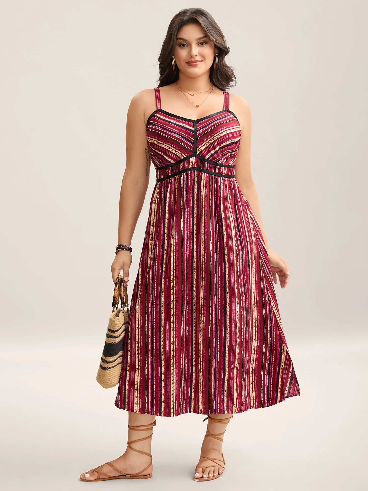 Colorful Stripes Spliced Cami Midi Dress - Image 3