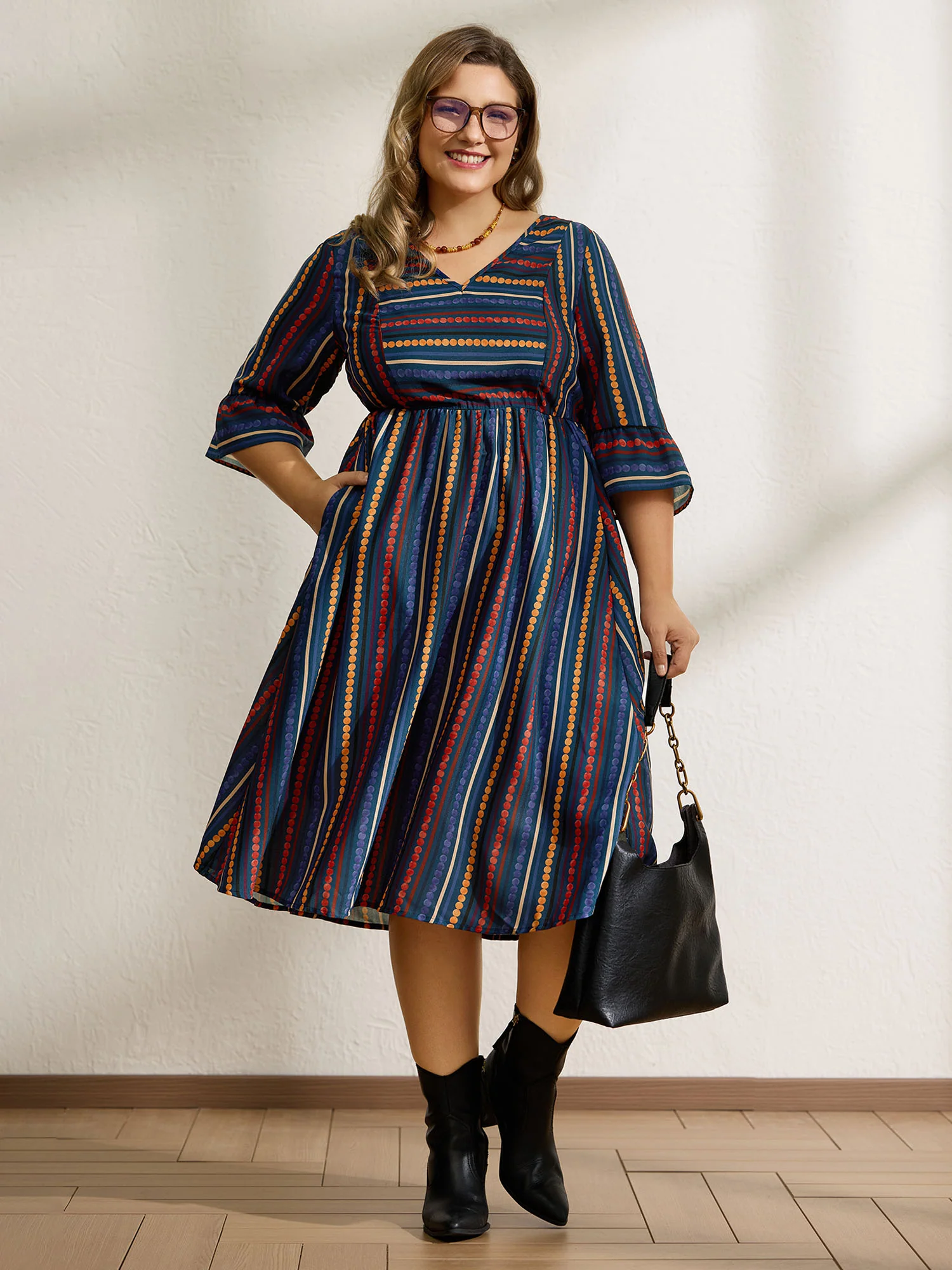 Colorful Stripes Stretchy Waist Midi Dress - Image 3