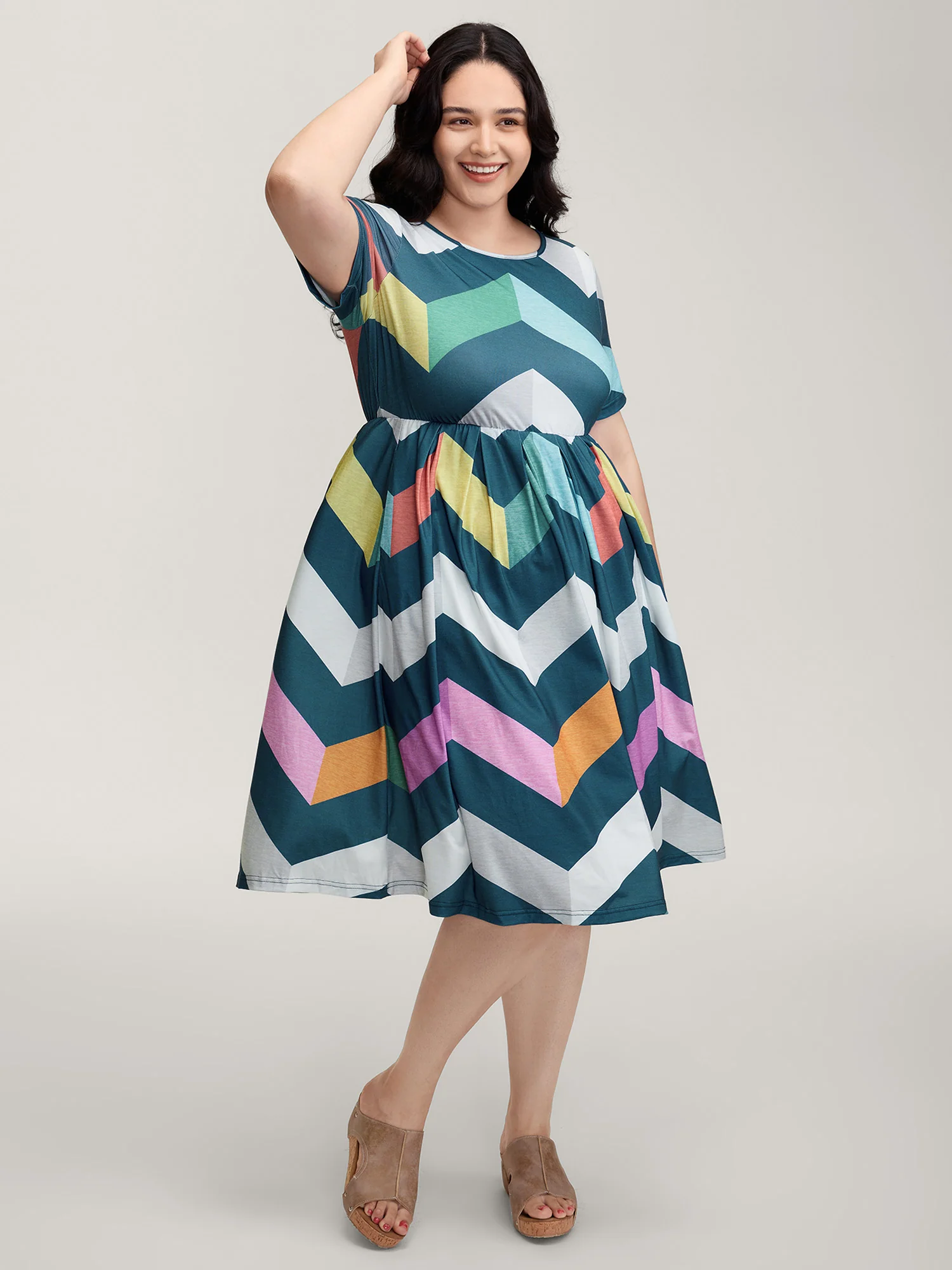 Colorful Wavy Stripes Cinched-Flared Midi Dress - Image 3