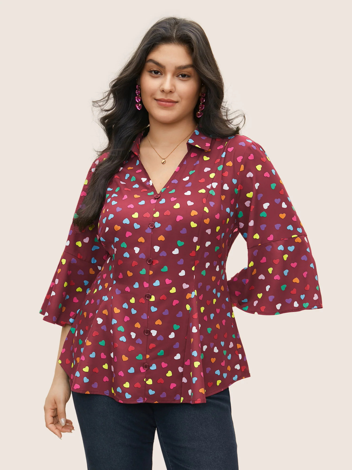 Colour Heart Print Bell Sleeve Blouse - Image 2