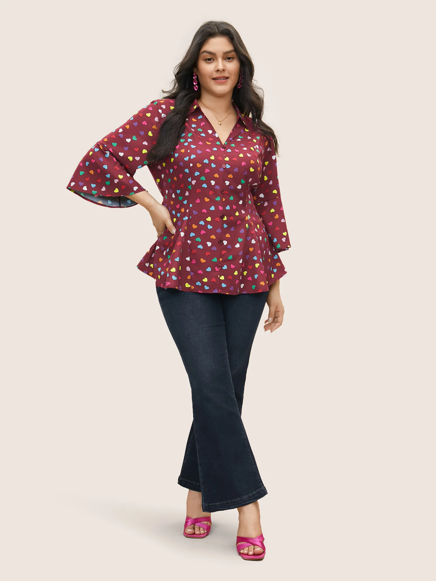 Colour Heart Print Bell Sleeve Blouse - Image 3