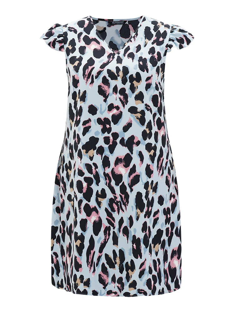 Colour Leopard Print Pocket Ruffle Cap Sleeve Dress - Image 10