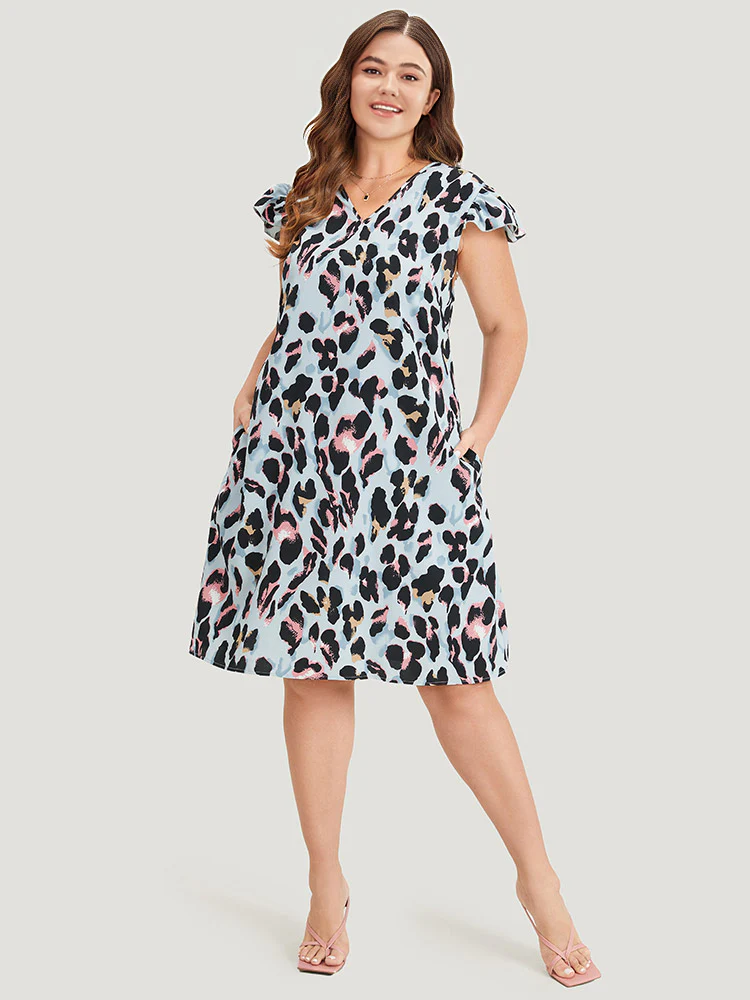 Colour Leopard Print Pocket Ruffle Cap Sleeve Dress - Image 2