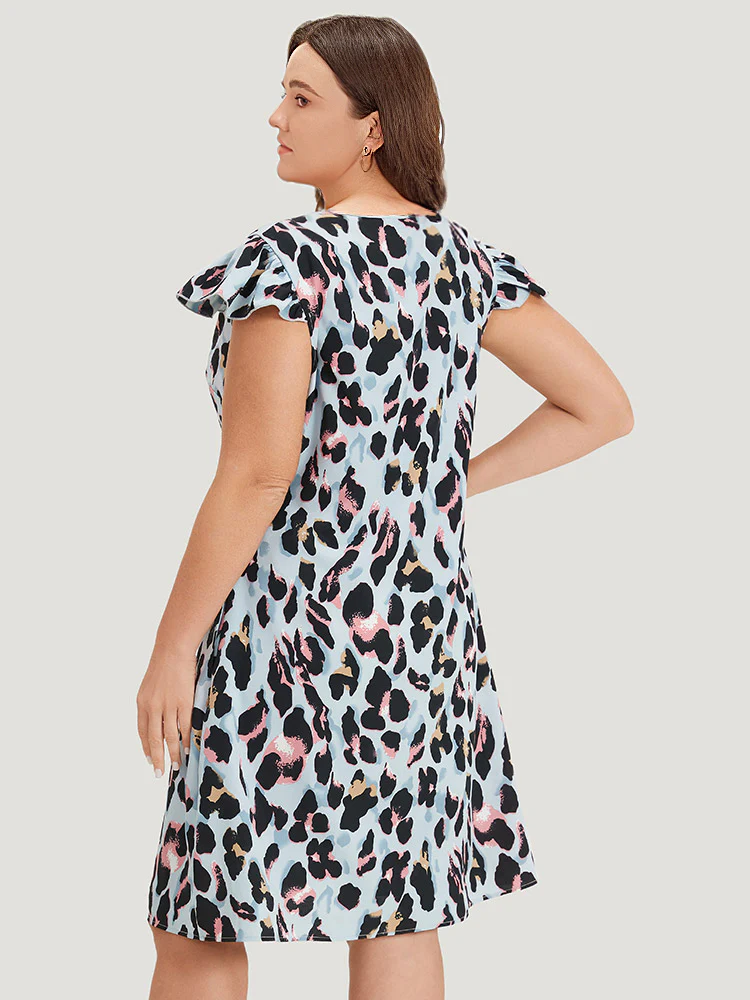Colour Leopard Print Pocket Ruffle Cap Sleeve Dress - Image 4