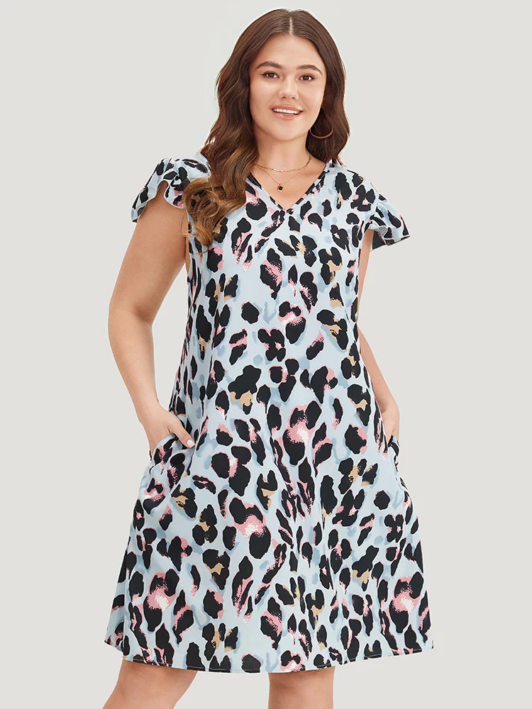 Colour Leopard Print Pocket Ruffle Cap Sleeve Dress - Image 5