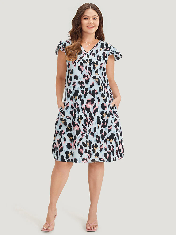 Colour Leopard Print Pocket Ruffle Cap Sleeve Dress - Image 7