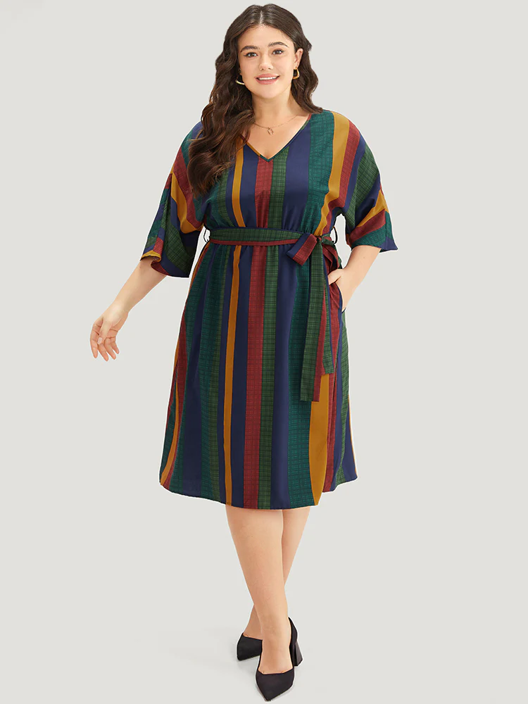 Colour Striped Contrast Belted Dress - Image 2
