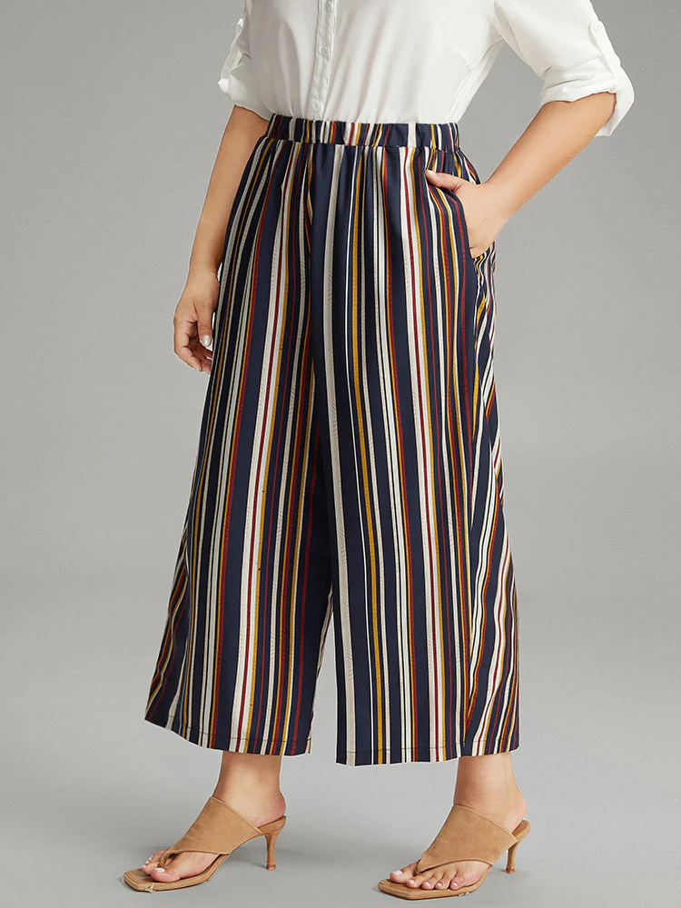 Colour Striped Contrast Elastic Waist Wide Leg Pants - Image 3