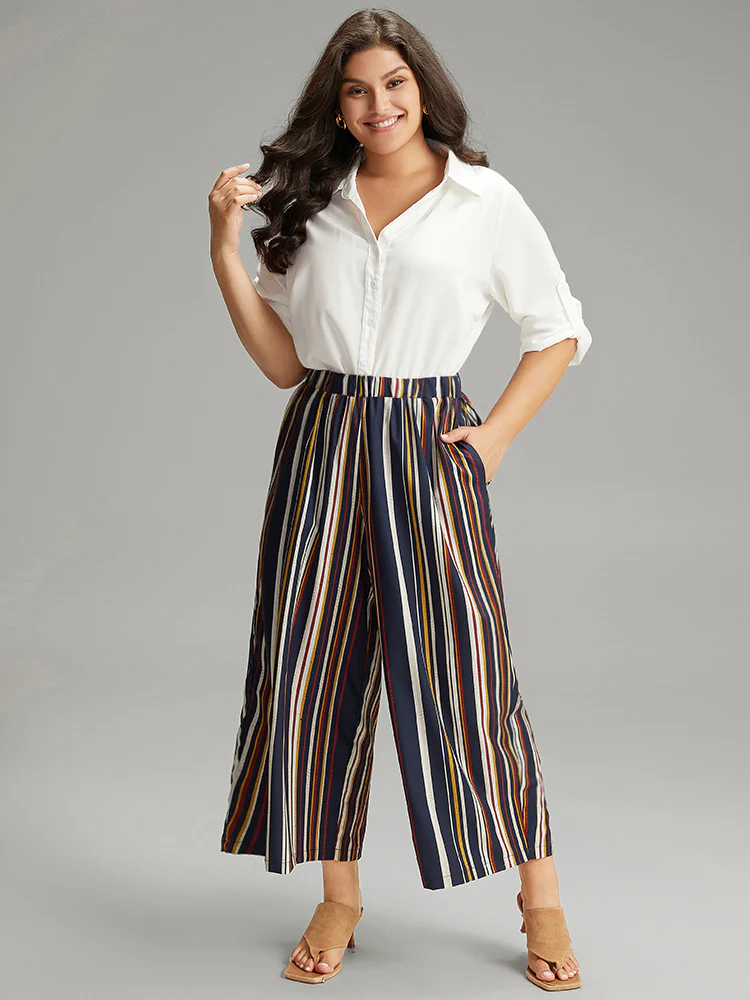 Colour Striped Contrast Elastic Waist Wide Leg Pants - Image 4
