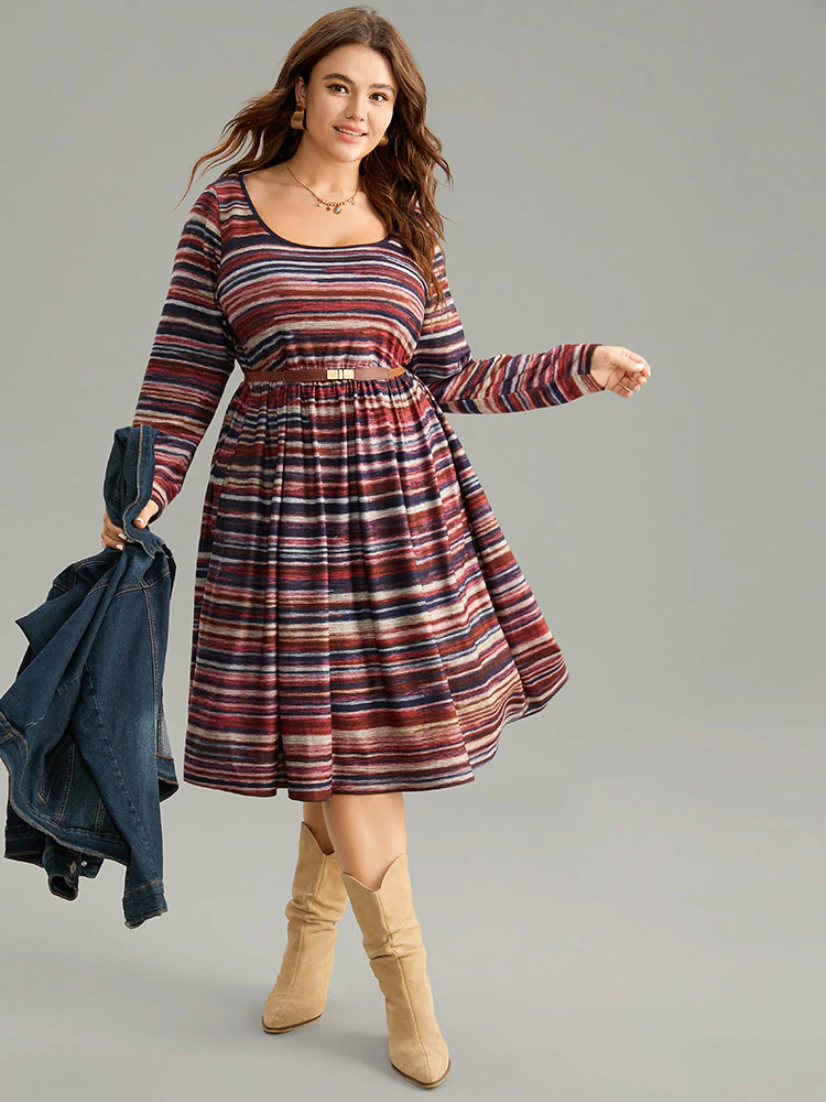 Colour Striped Heather Elastic Waist Scoop Neck Dress - Image 2