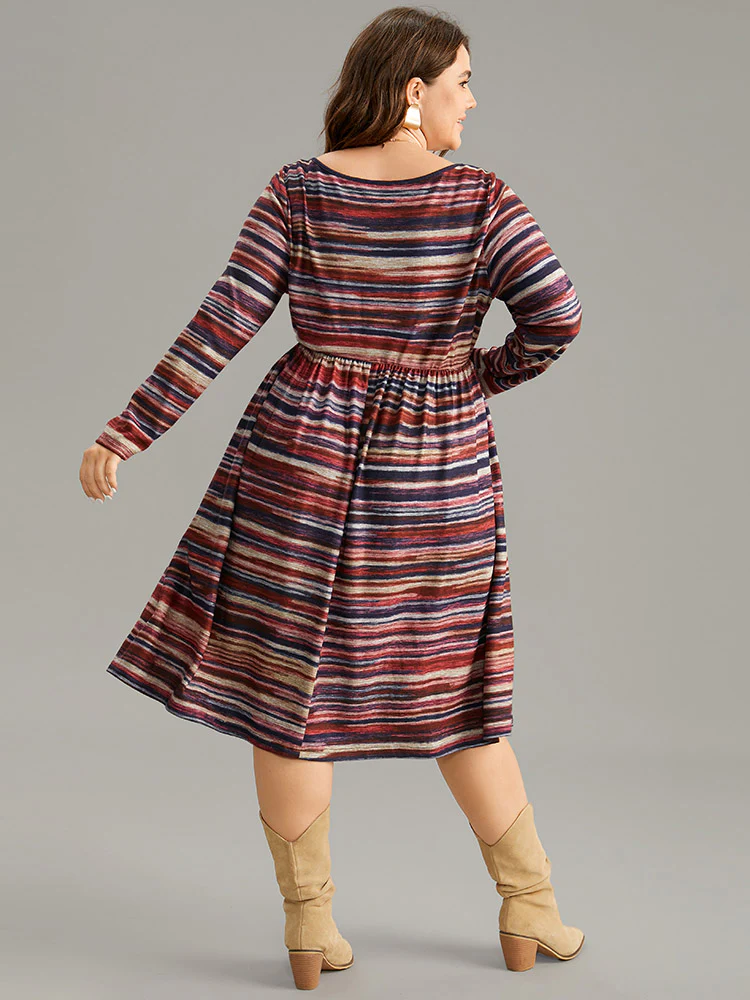 Colour Striped Heather Elastic Waist Scoop Neck Dress - Image 3