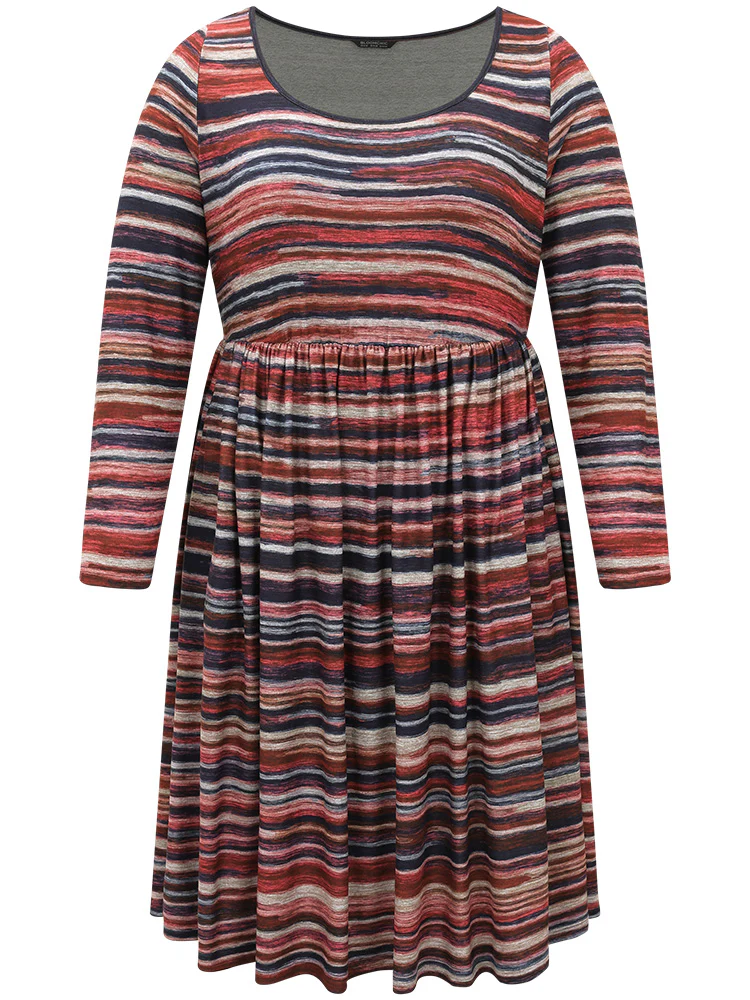 Colour Striped Heather Elastic Waist Scoop Neck Dress - Image 5